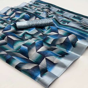 Blue Digital Printed Cotton Blend Saree With Fancy Border