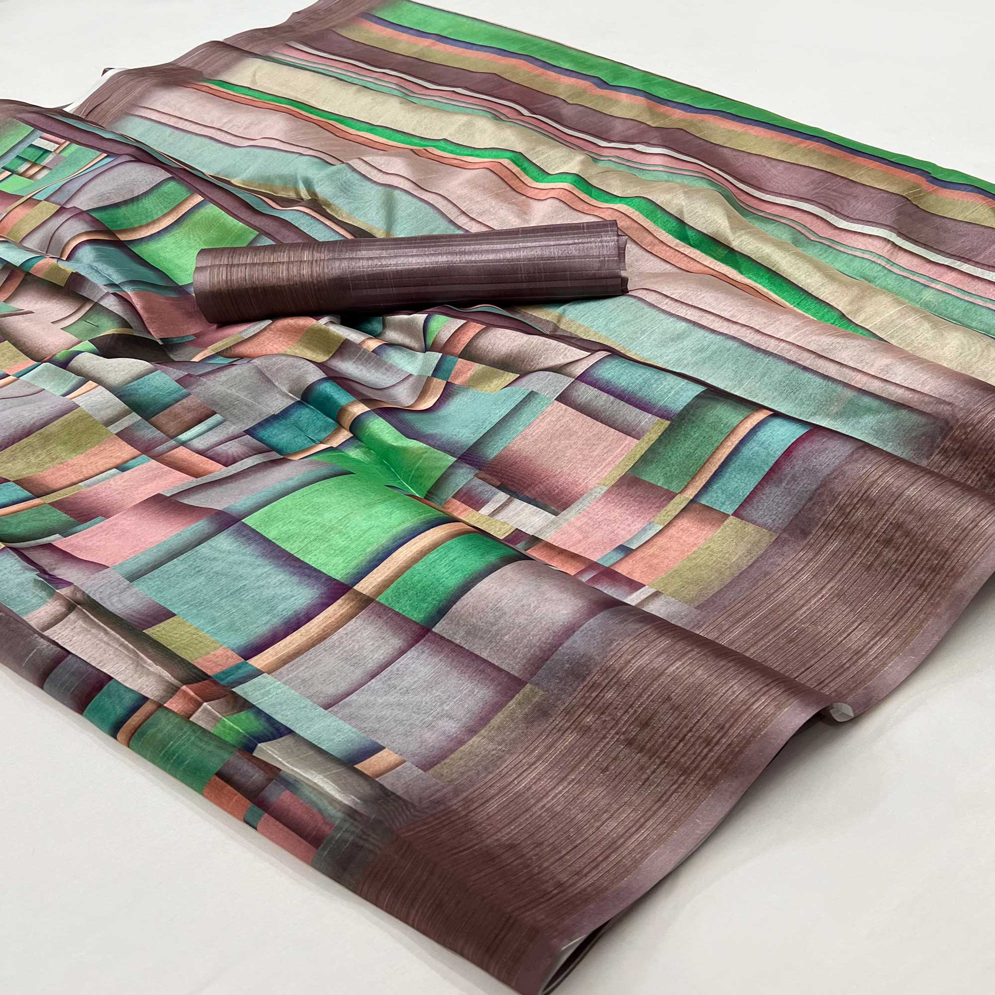 Brown Digital Printed Cotton Blend Saree With Fancy Border