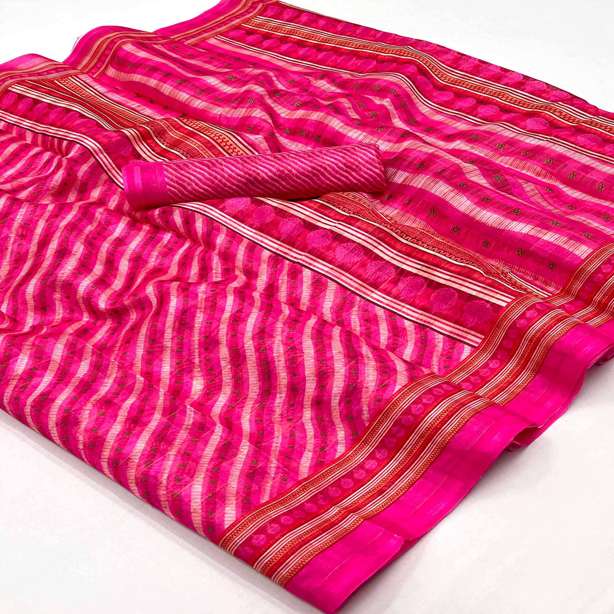 Rani Pink Digital Printed Cotton Blend Saree With Fancy Border
