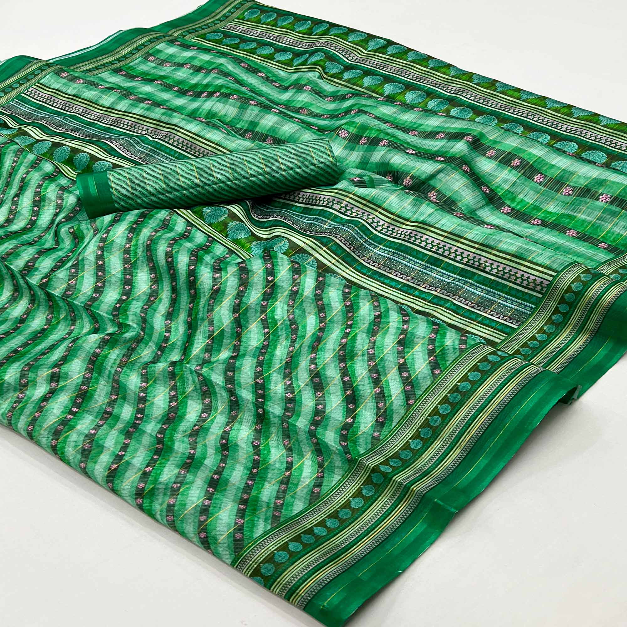 Green Digital Printed Cotton Blend Saree With Fancy Border