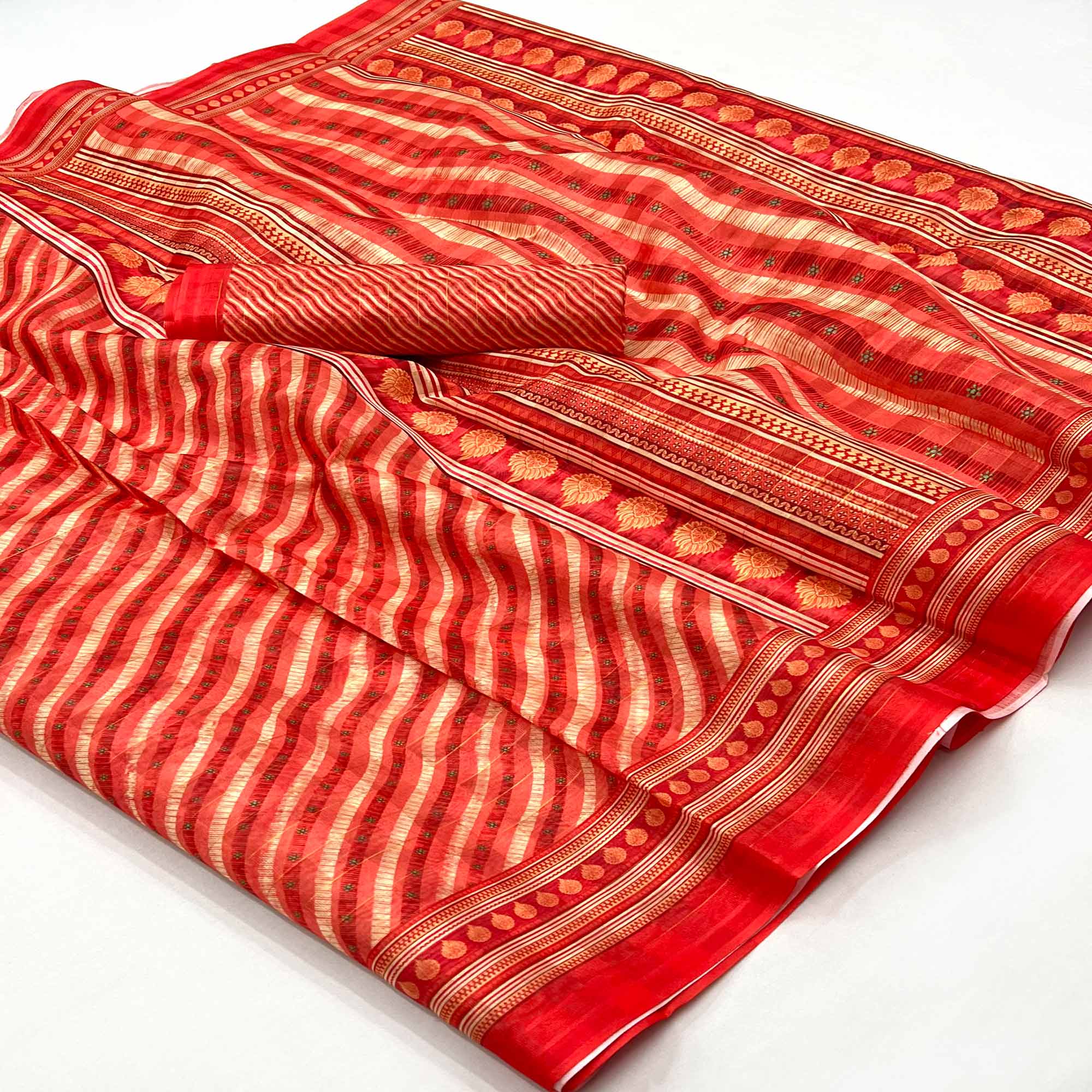 Red Digital Printed Cotton Blend Saree With Fancy Border