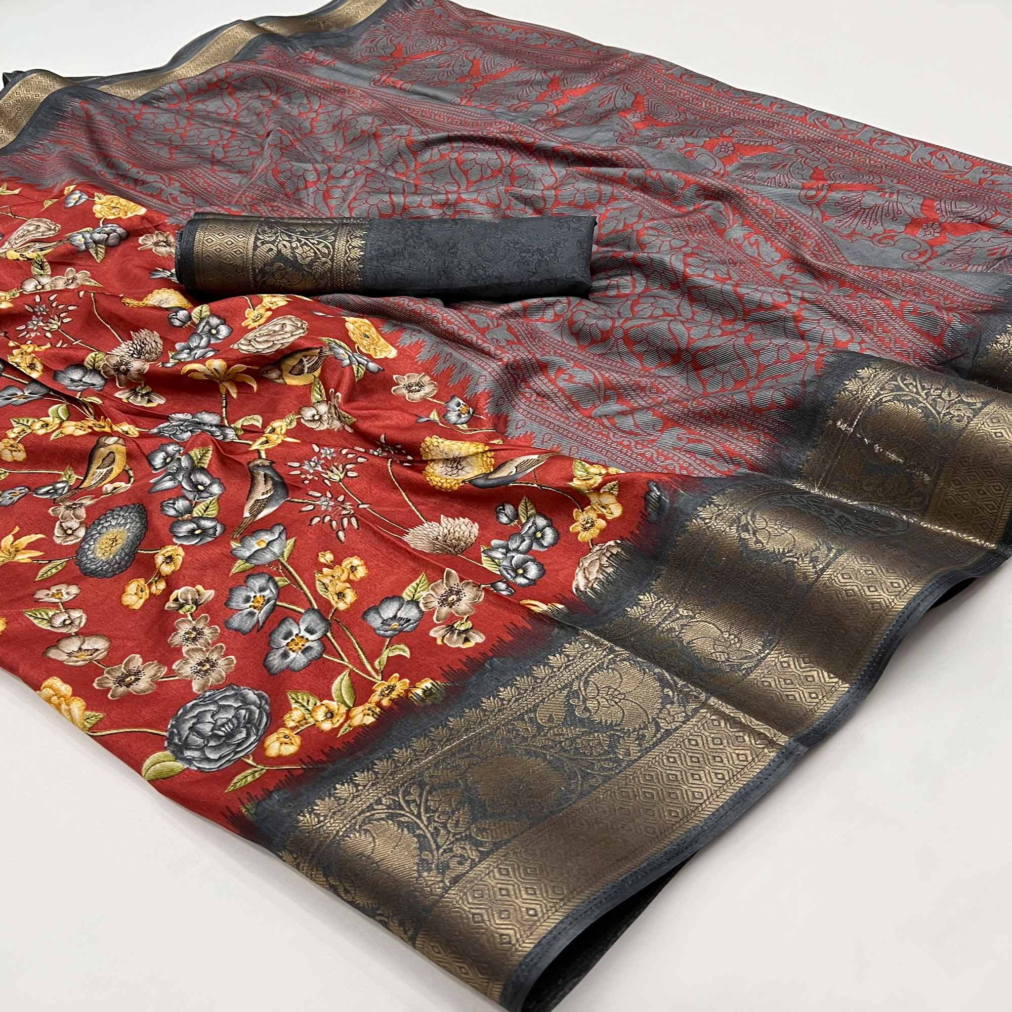 Red Floral Printed Dola Silk Saree