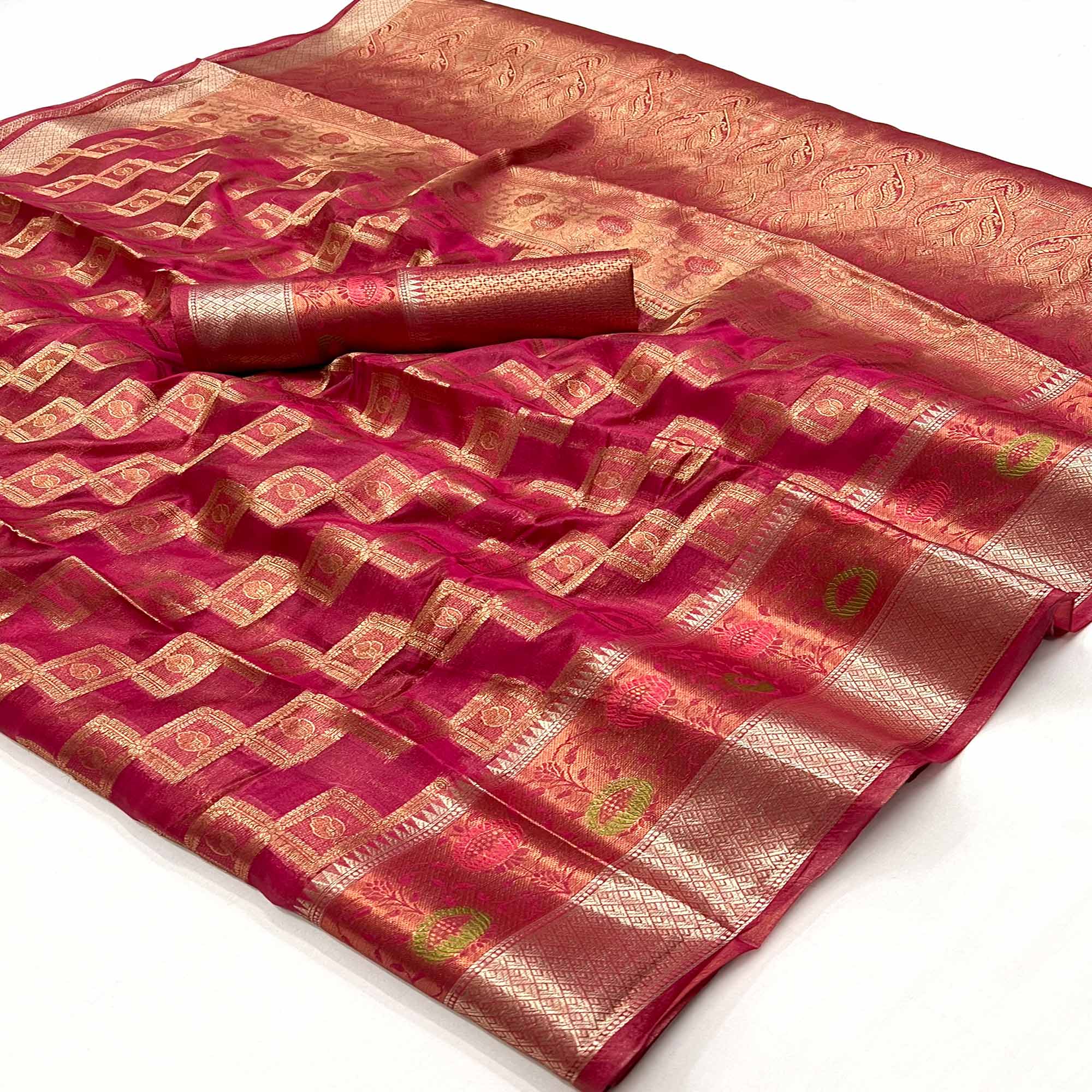 Rani Pink Floral Woven Organza Saree