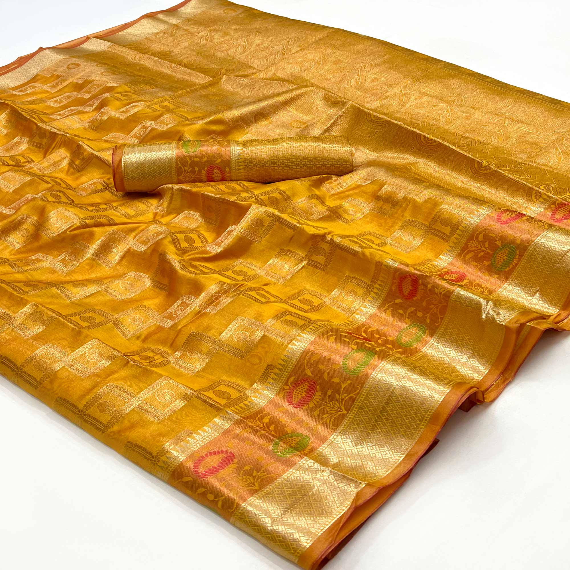 Mustard Floral Woven Organza Saree