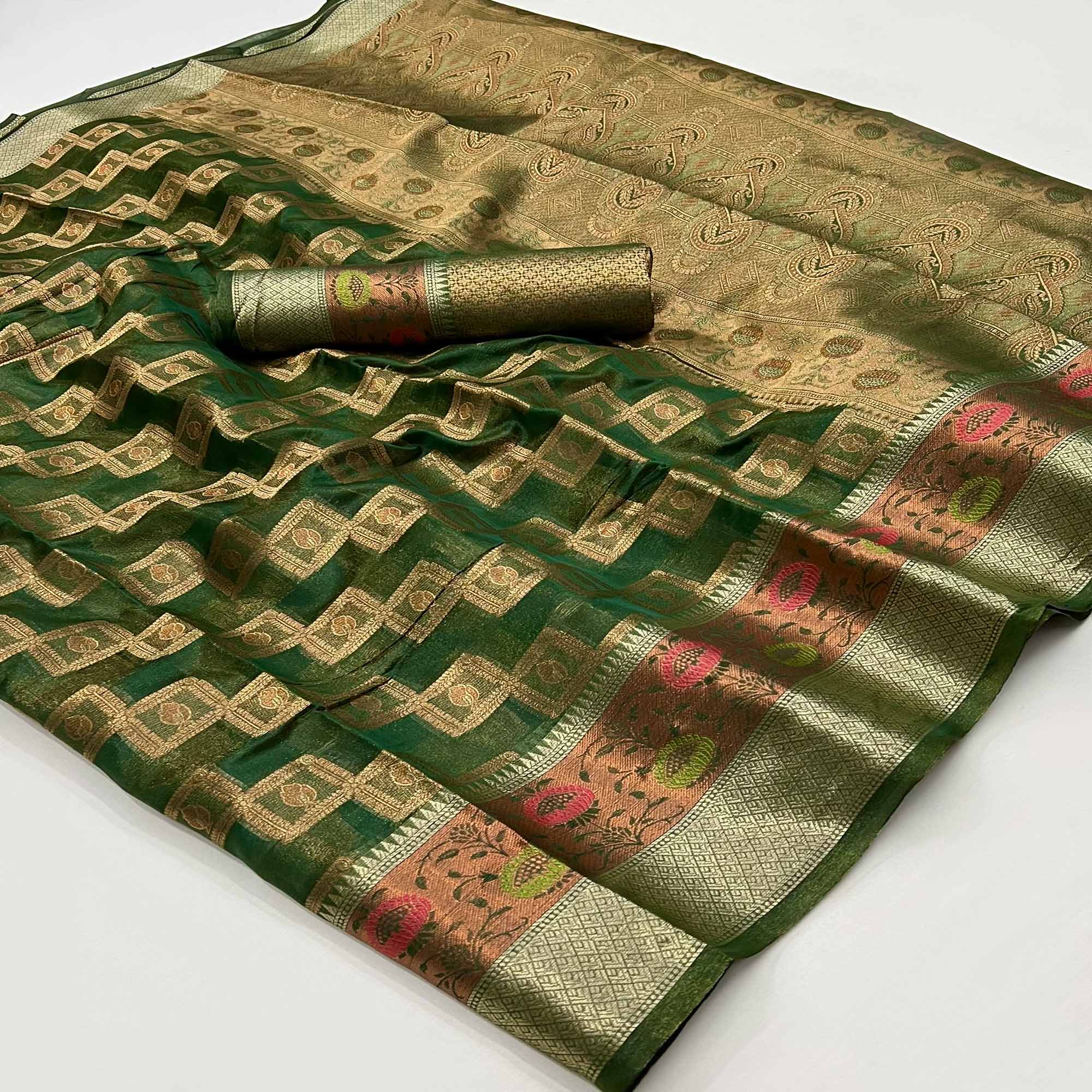 Dark Green Floral Woven Organza Saree