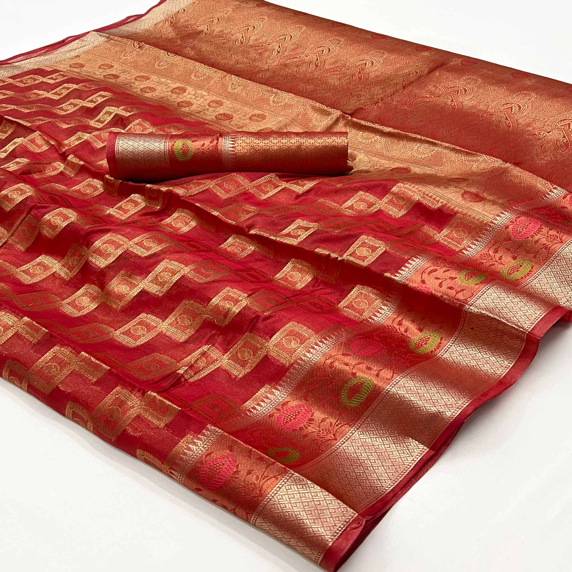 Red Floral Woven Organza Saree