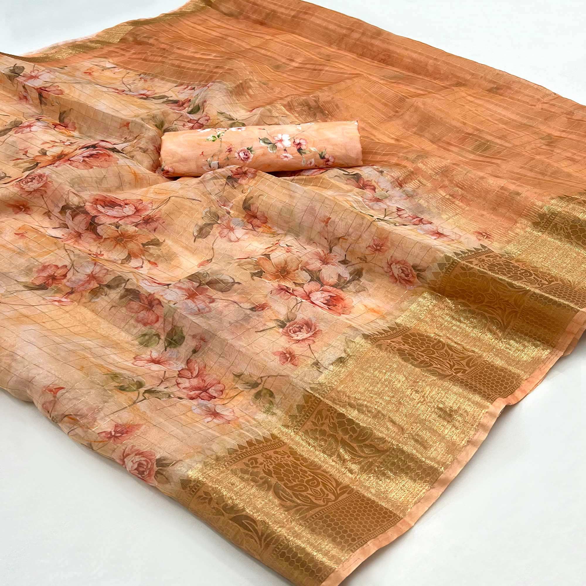 Orange Floral Digital Printed With Woven Border Organza Saree