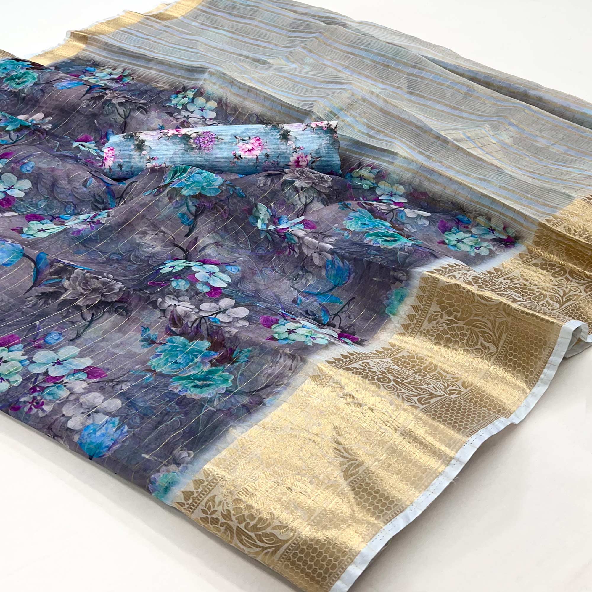 Grey & Blue Floral Digital Printed With Woven Border Organza Saree