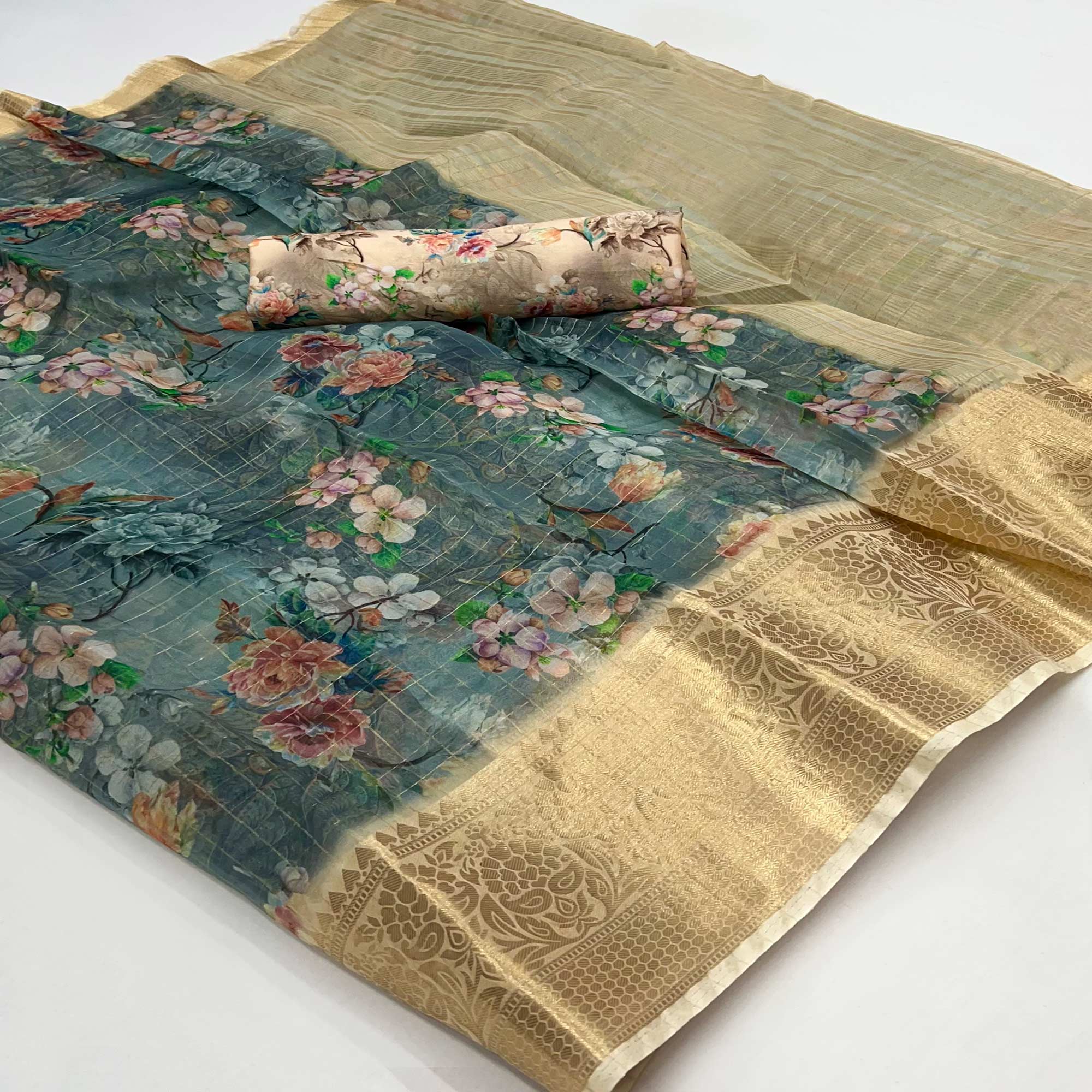 Grey & Beige Floral Digital Printed With Woven Border Organza Saree