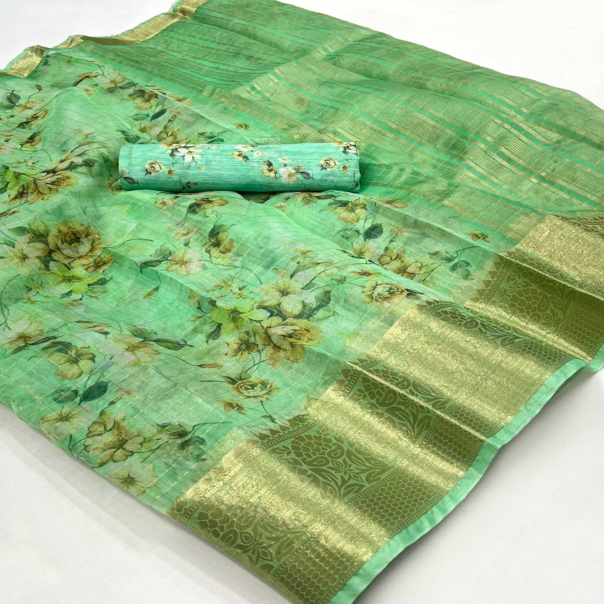 Green Floral Digital Printed With Woven Border Organza Saree