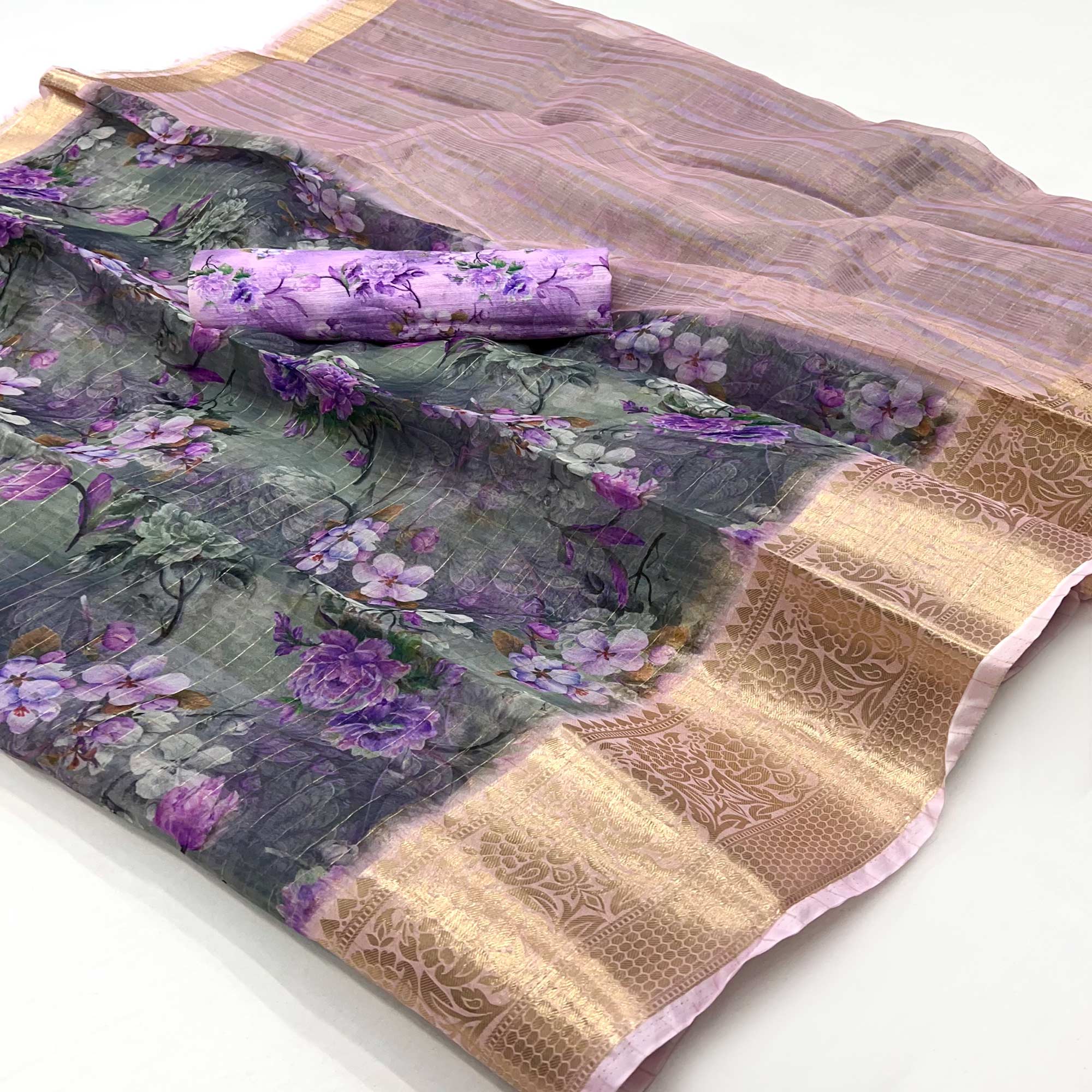 Grey & Purple Floral Digital Printed With Woven Border Organza Saree