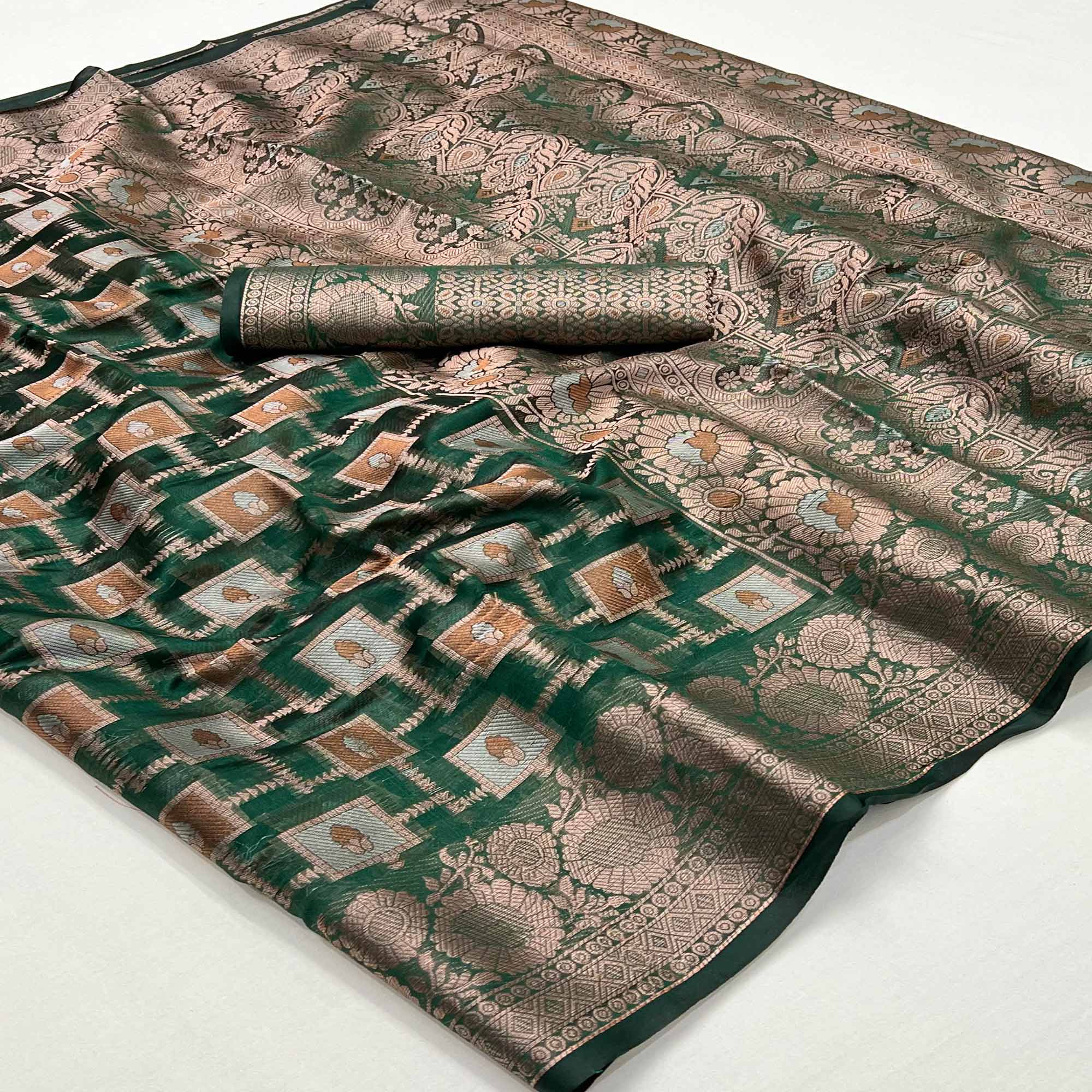 Green Floral Woven Organza Saree