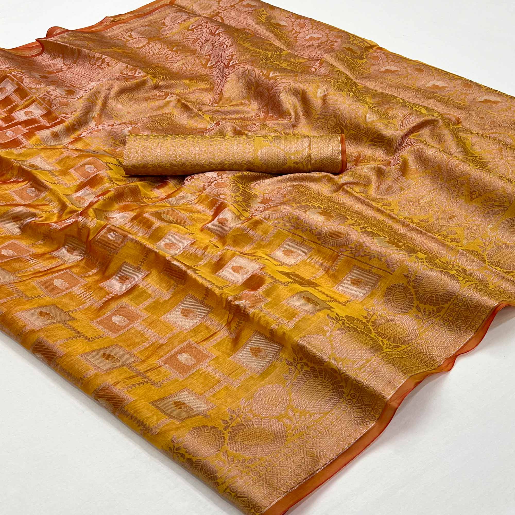 Mustard Floral Woven Organza Saree