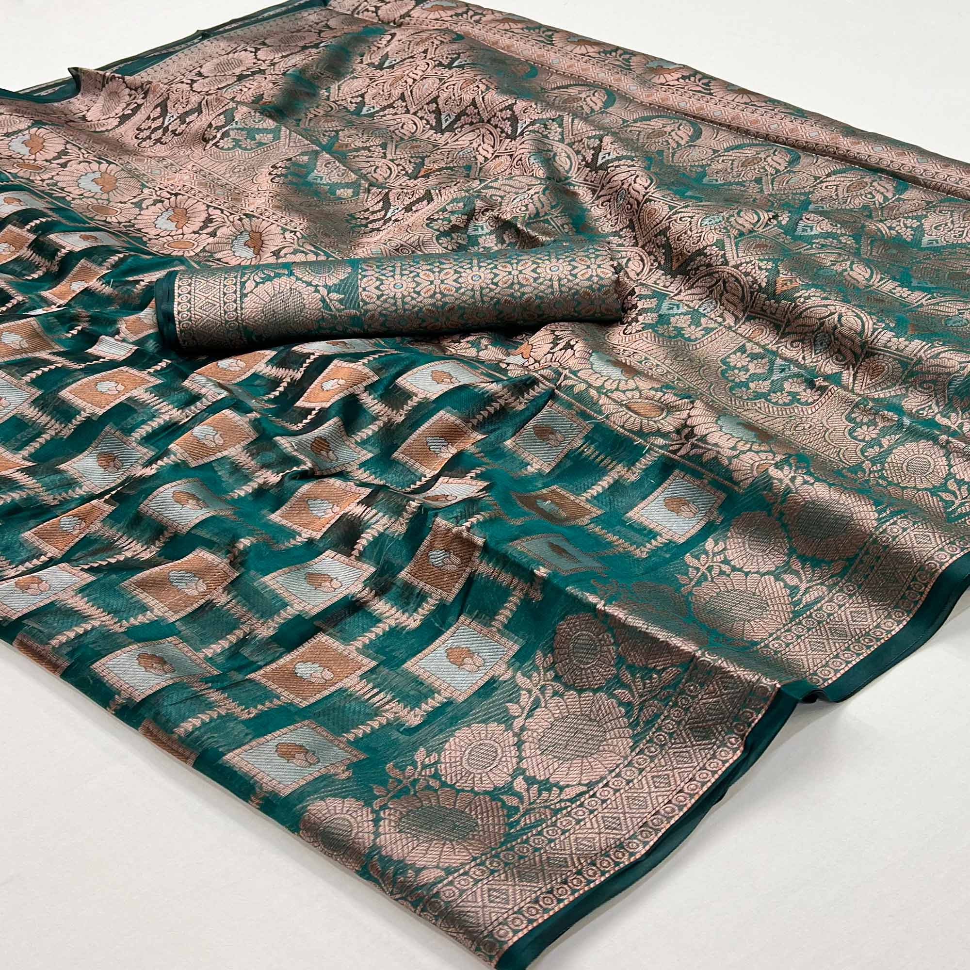 Teal Green Floral Woven Organza Saree