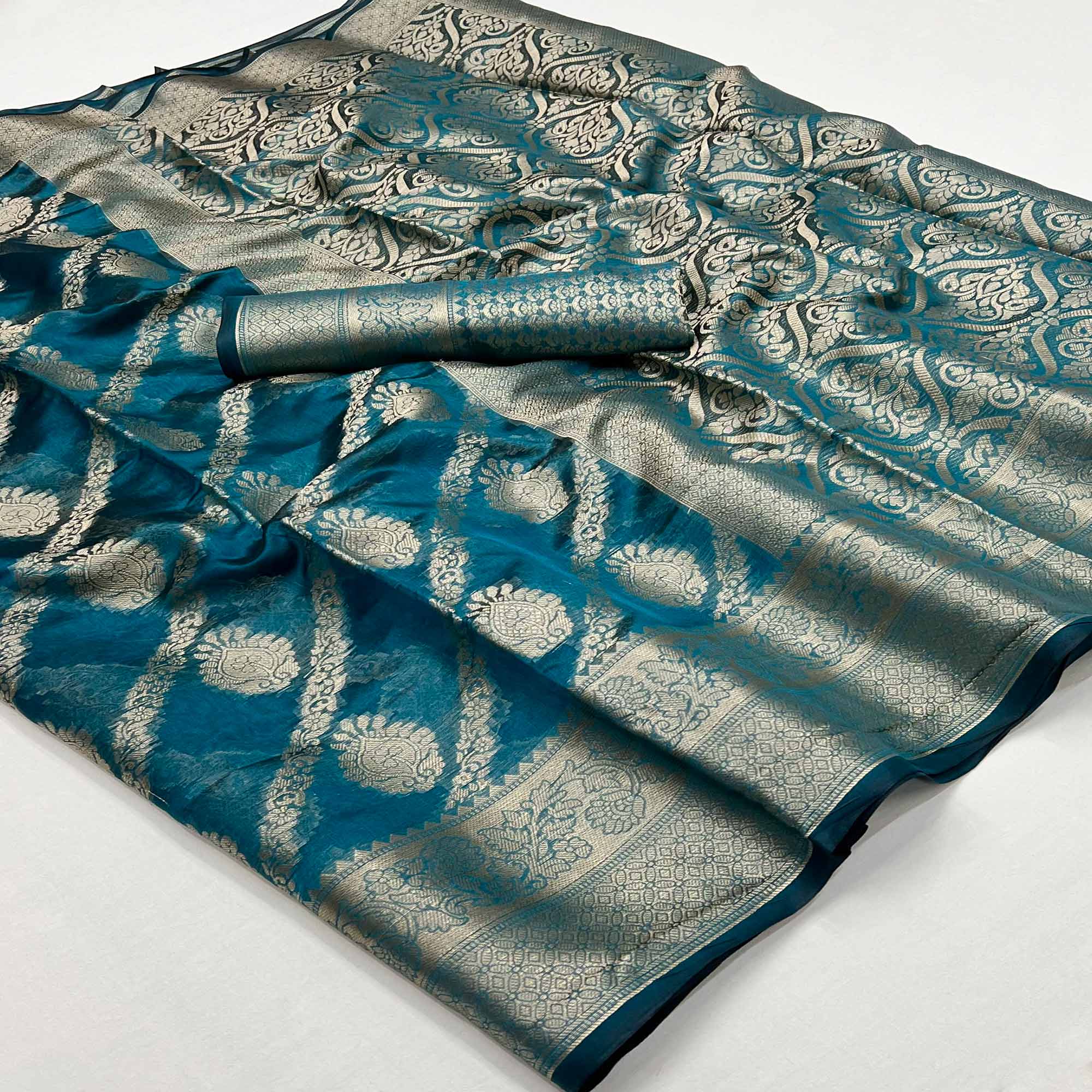 Teal Blue Floral Woven Organza Saree