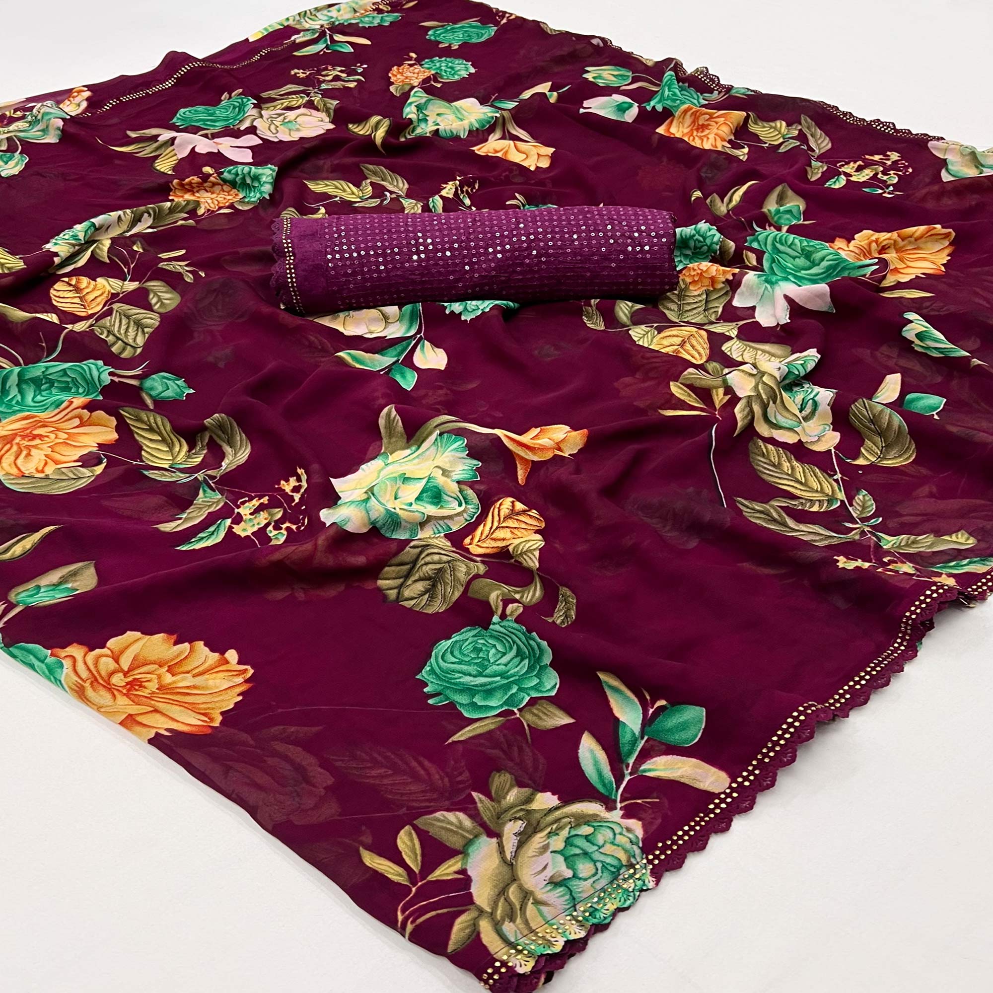 Wine Floral Printed Georgette Saree