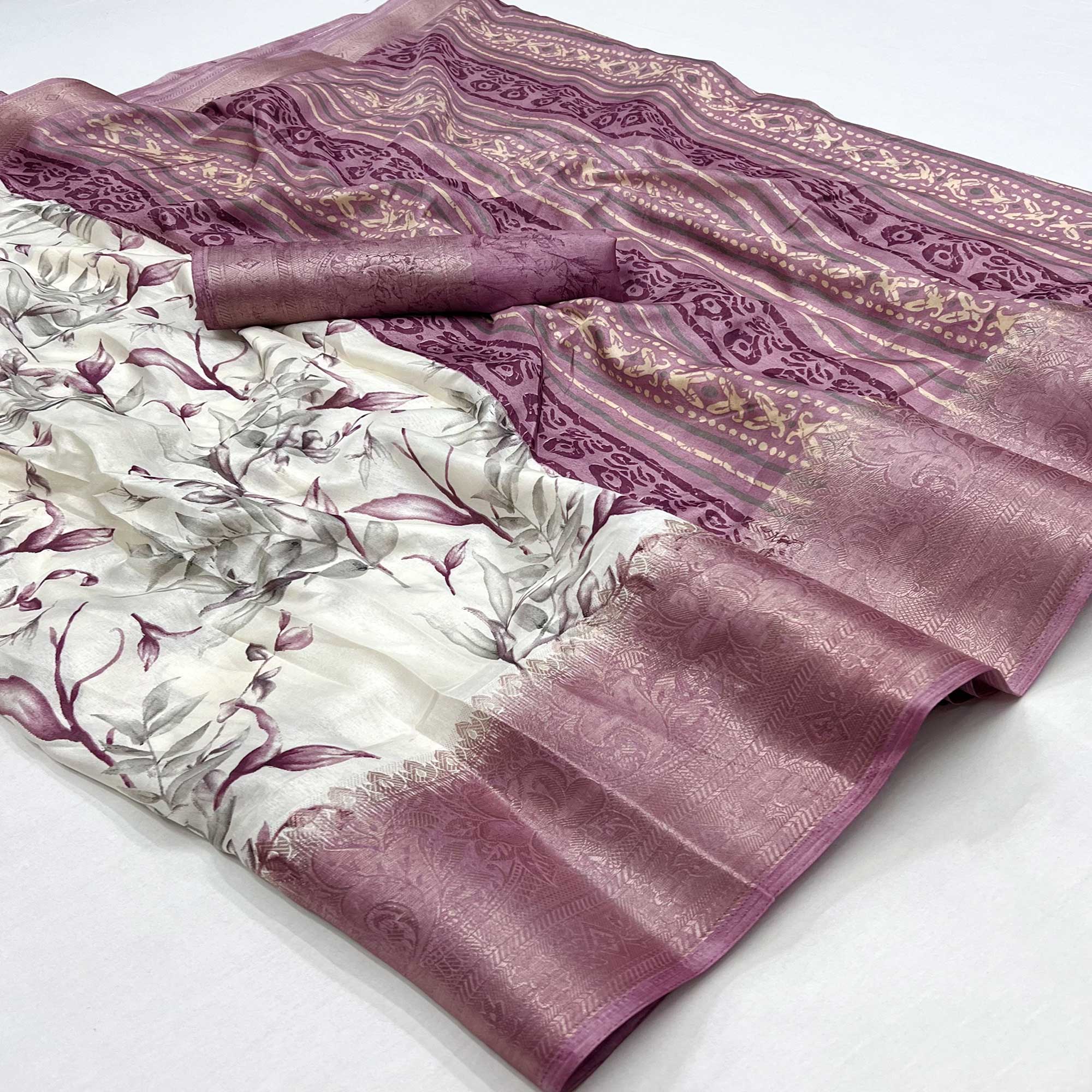 White & Mauve  Floral Printed Dola Silk Saree With Woven Border