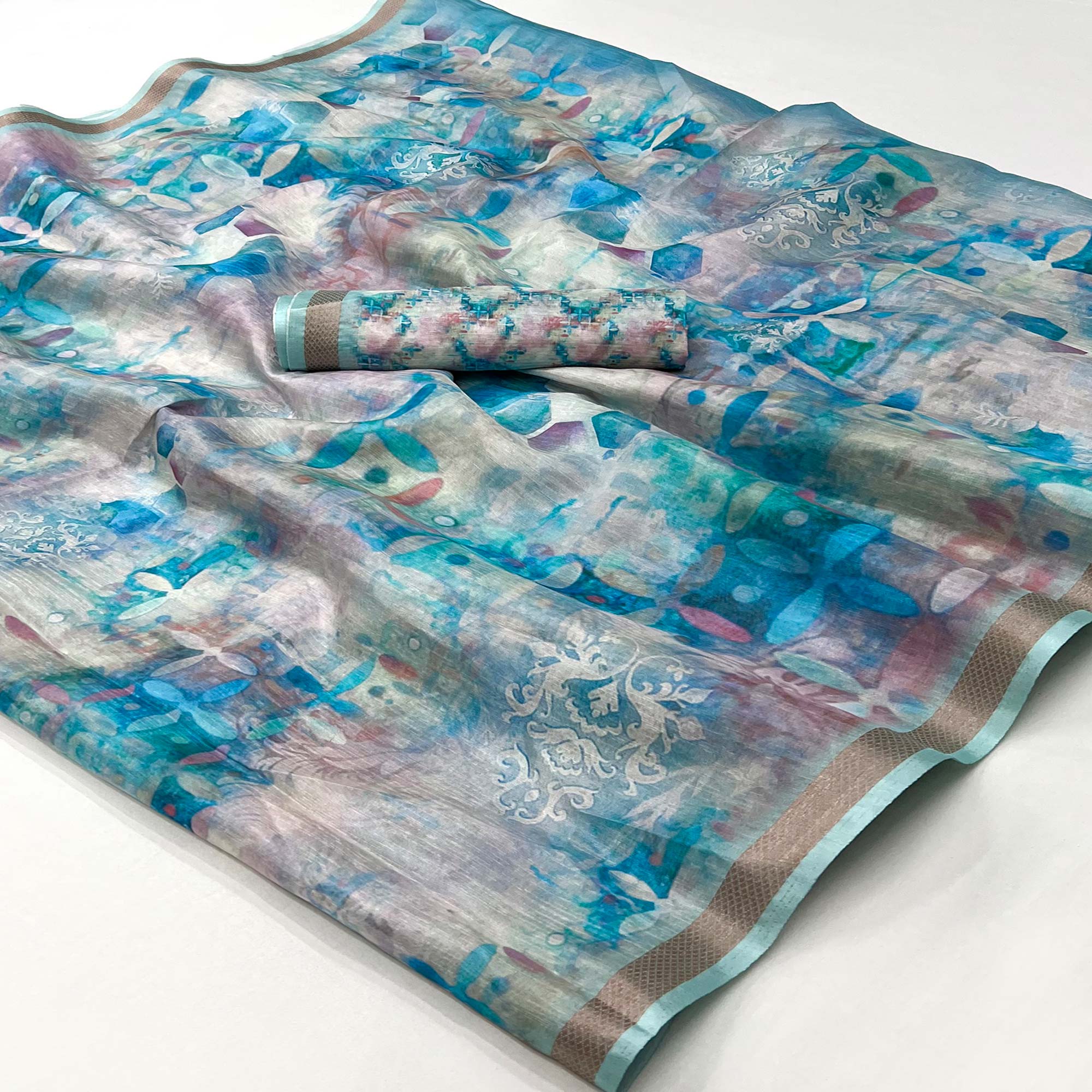 Grey & Blue Digital Printed Cotton Blend Saree With Jacquard Border