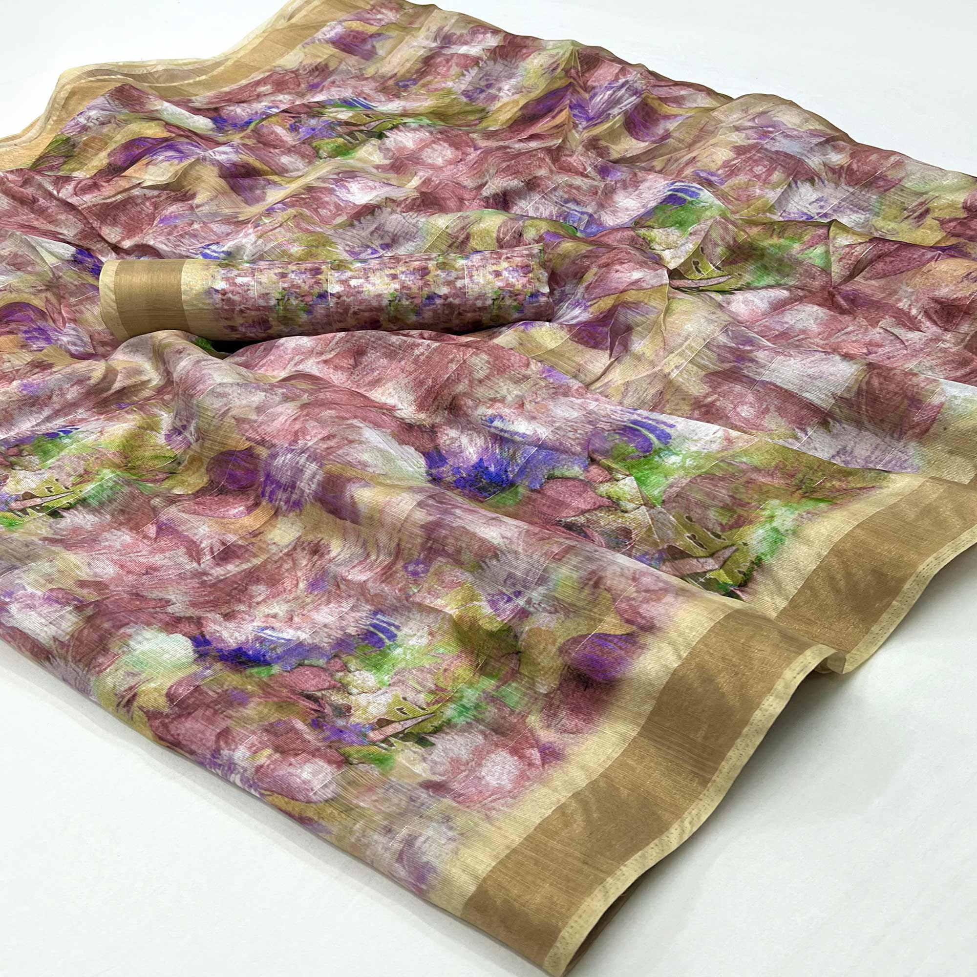 Brown Digital Printed Cotton Blend Saree With Jacquard Border