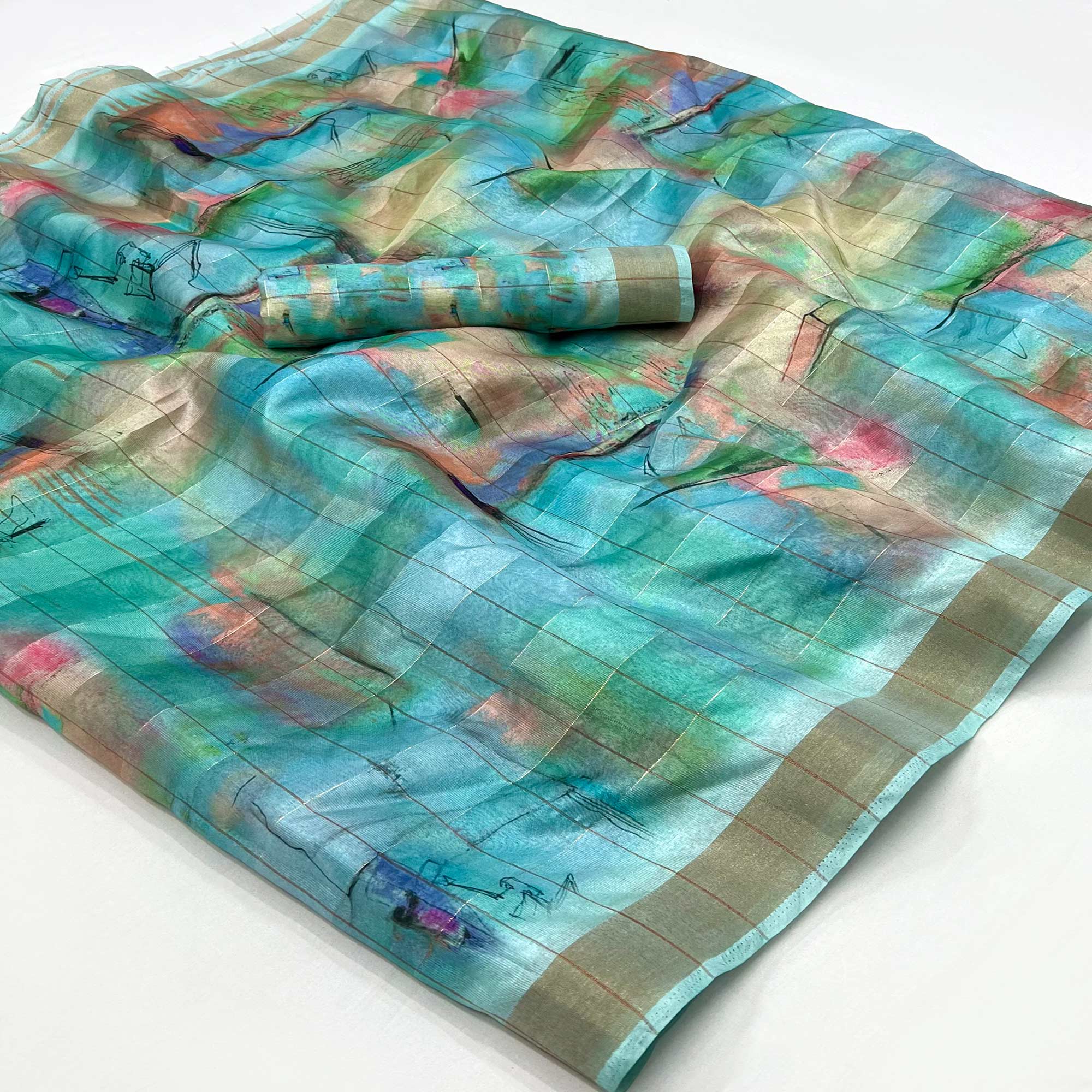 Blue Digital Printed Cotton Blend Saree With Jacquard Border