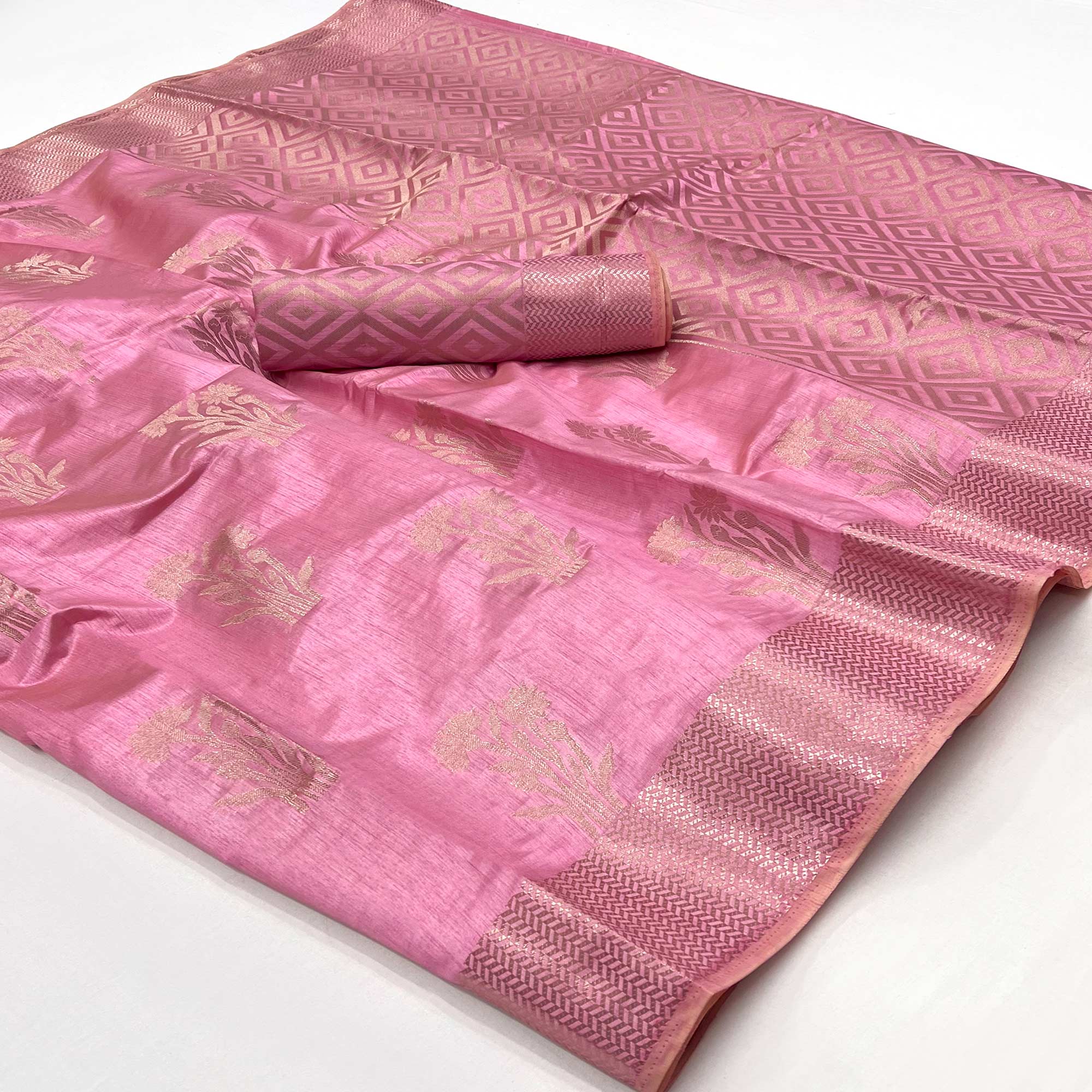 Pink Floral Woven Raw Silk Saree