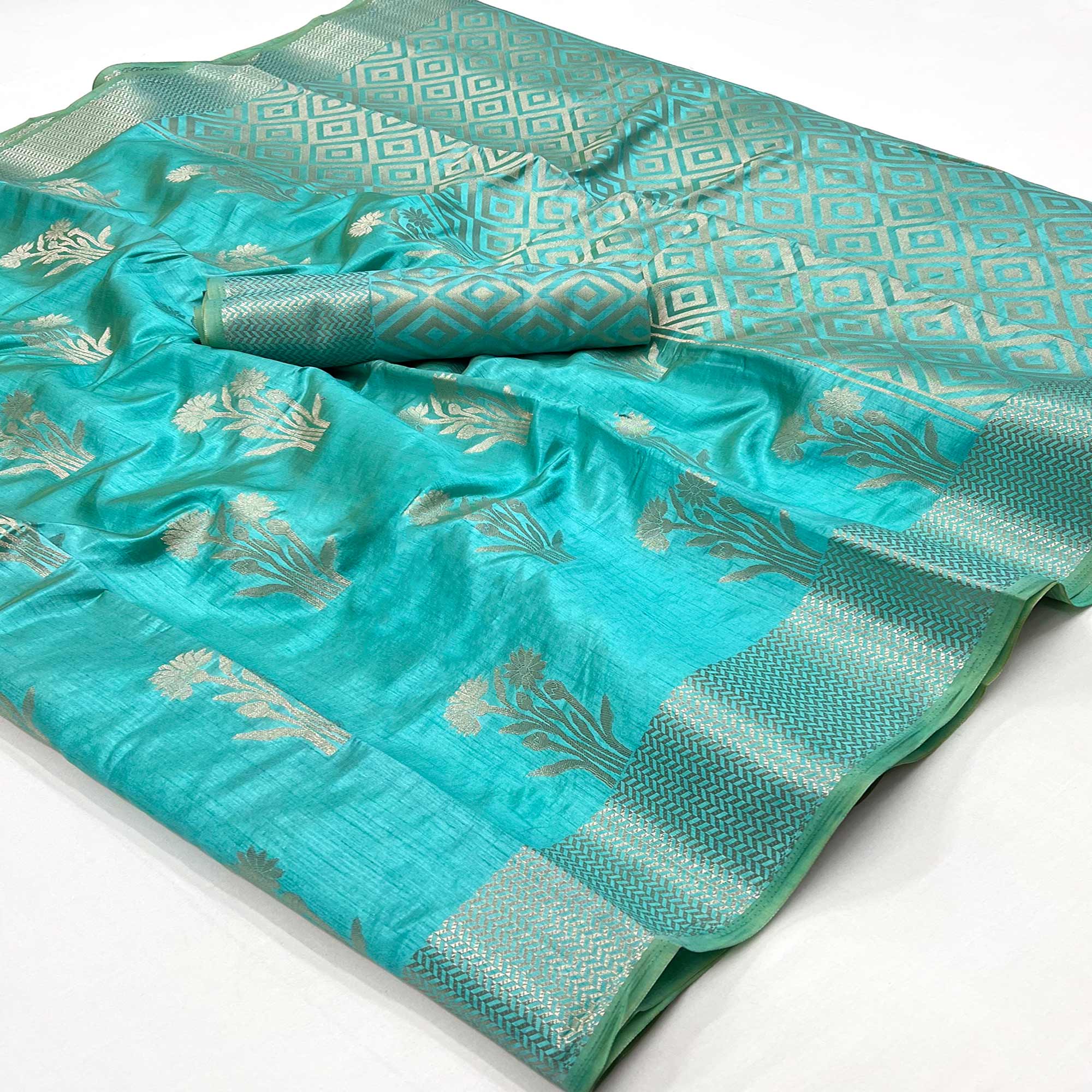 Blue Floral Woven Raw Silk Saree