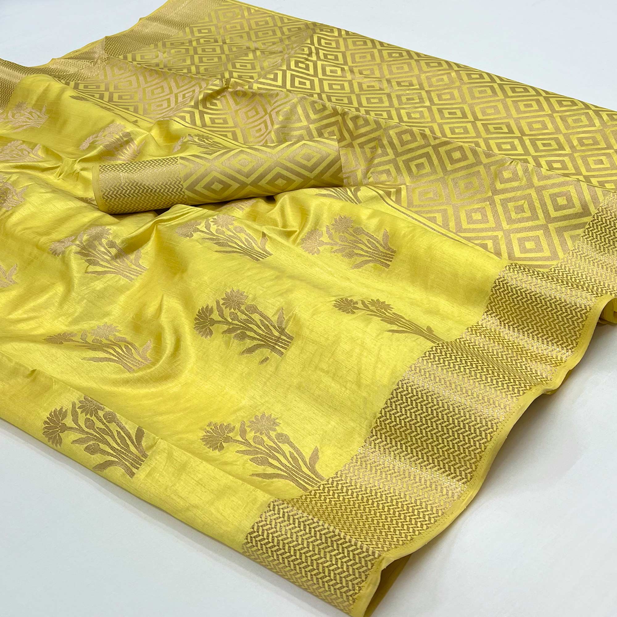 Yellow Floral Woven Raw Silk Saree