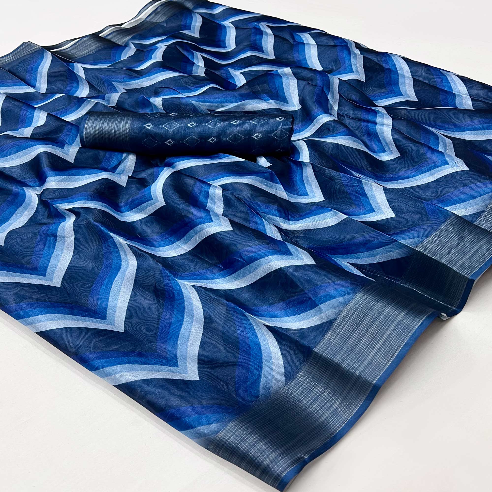 Blue Digital Printed Cotton Blend Saree With Zari Border