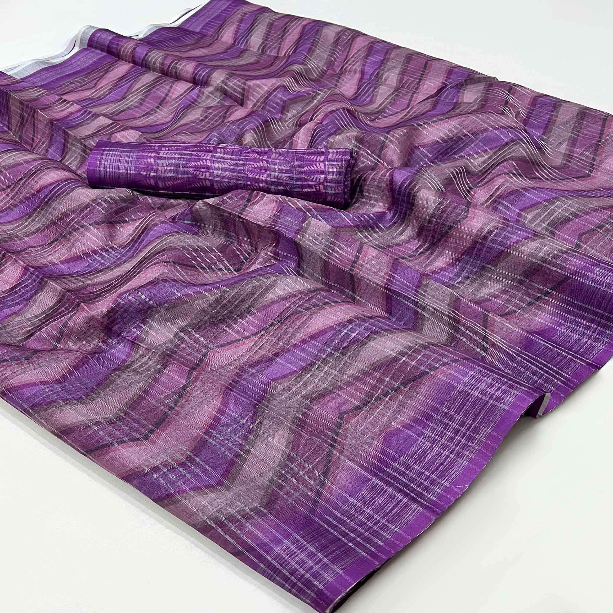 Purple Digital Printed Cotton Blend Saree