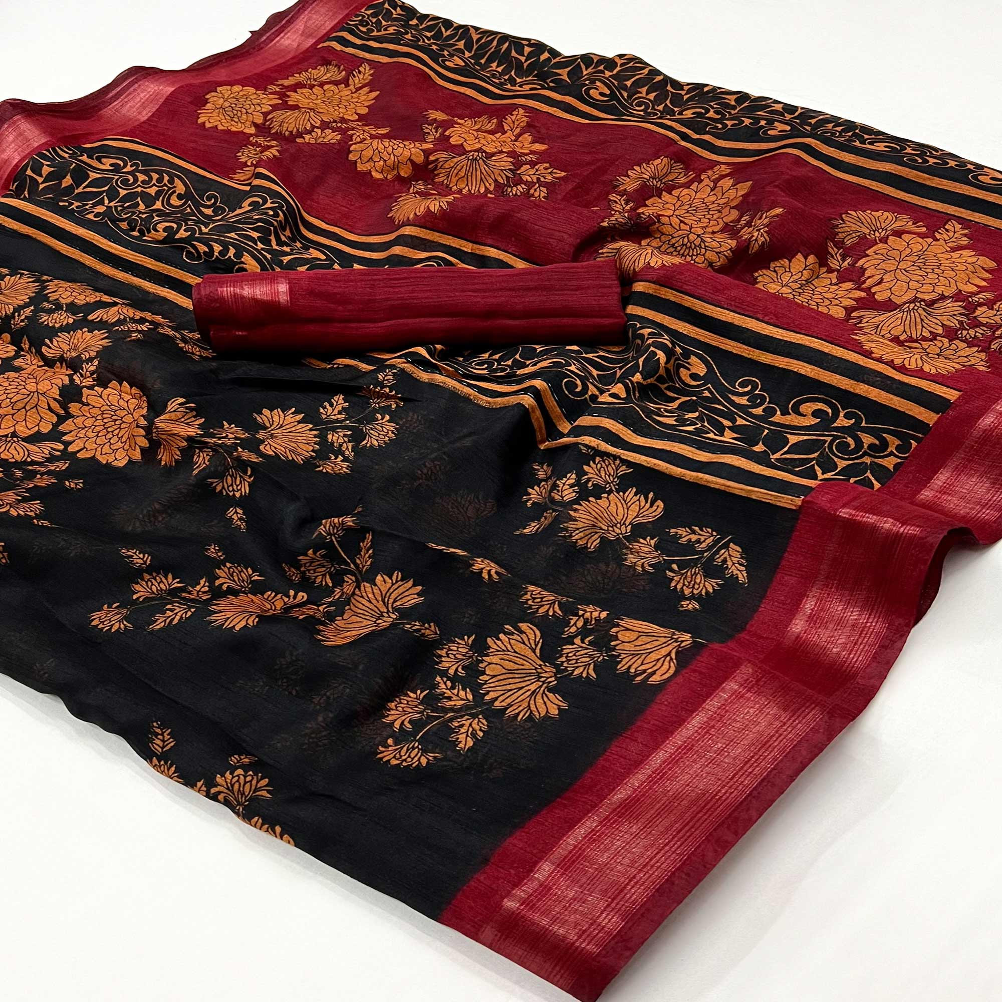 Black & Red Floral Printed Dola Silk Saree With Woven Border