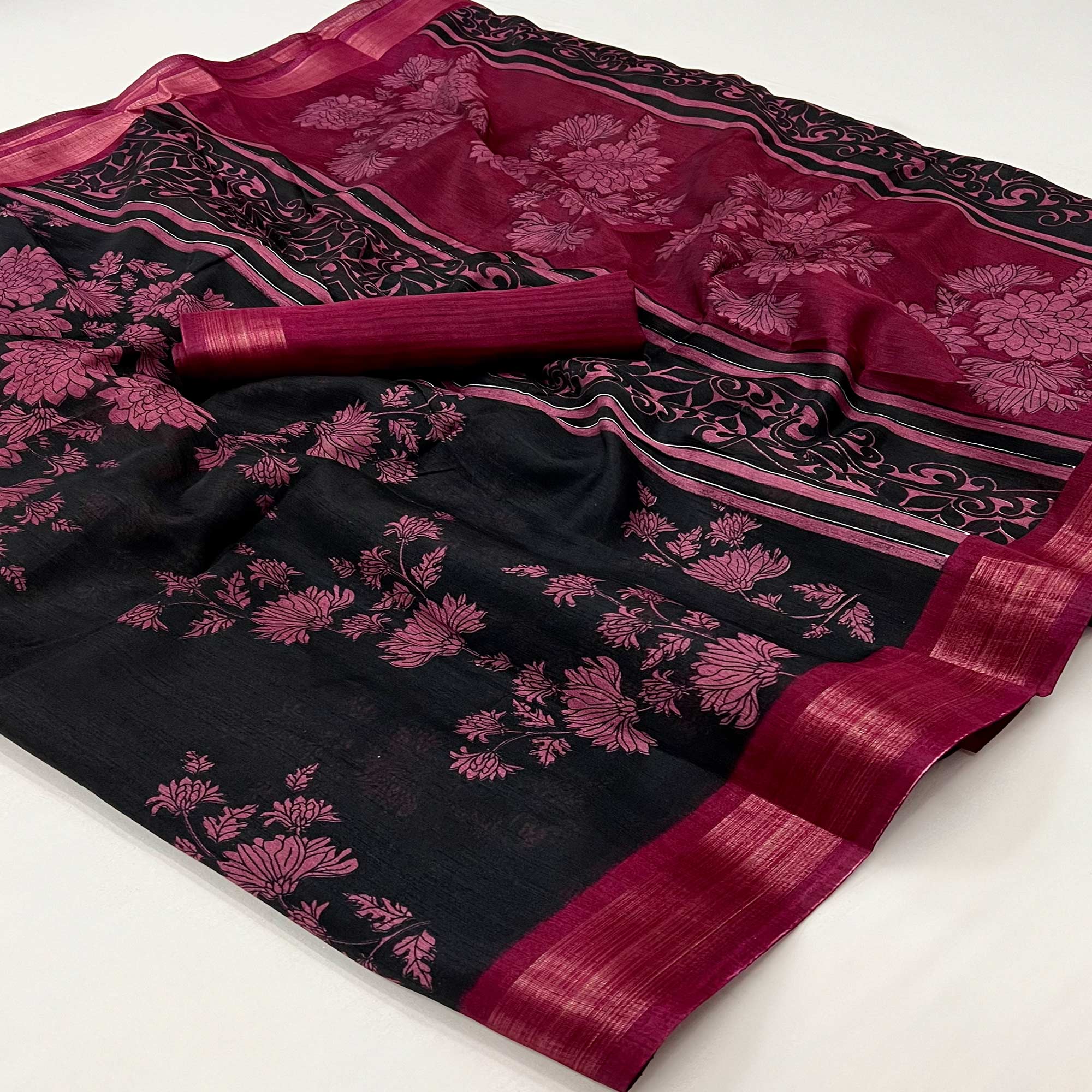 Black & Pink Floral Printed Dola Silk Saree With Woven Border