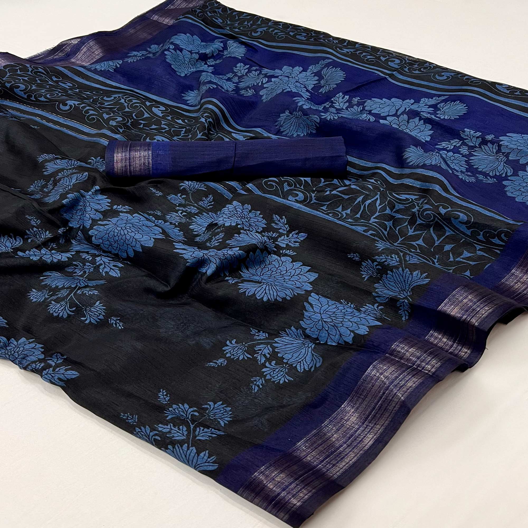 Black & Blue Floral Printed Dola Silk Saree With Woven Border