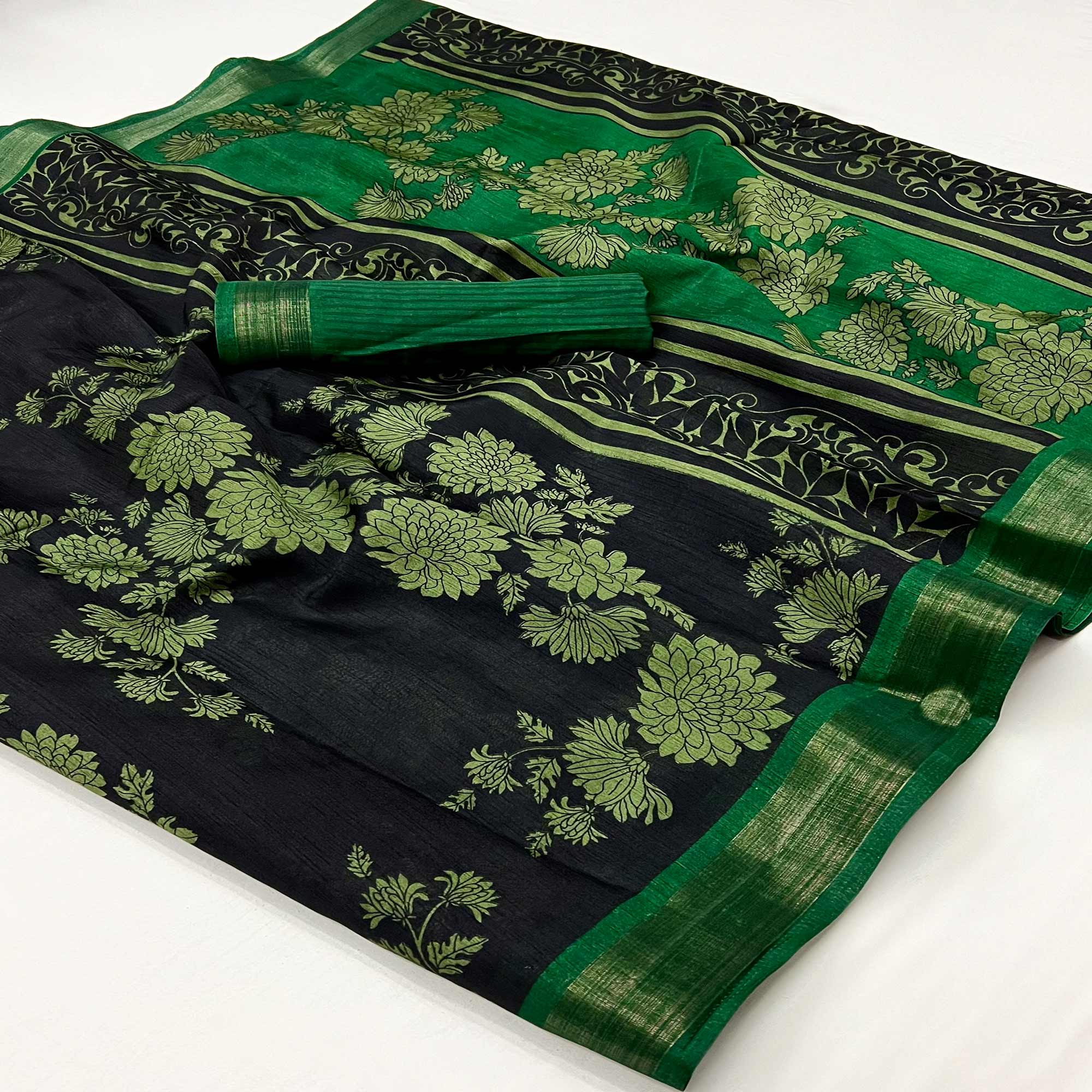 Black & Green Floral Printed Dola Silk Saree With Woven Border