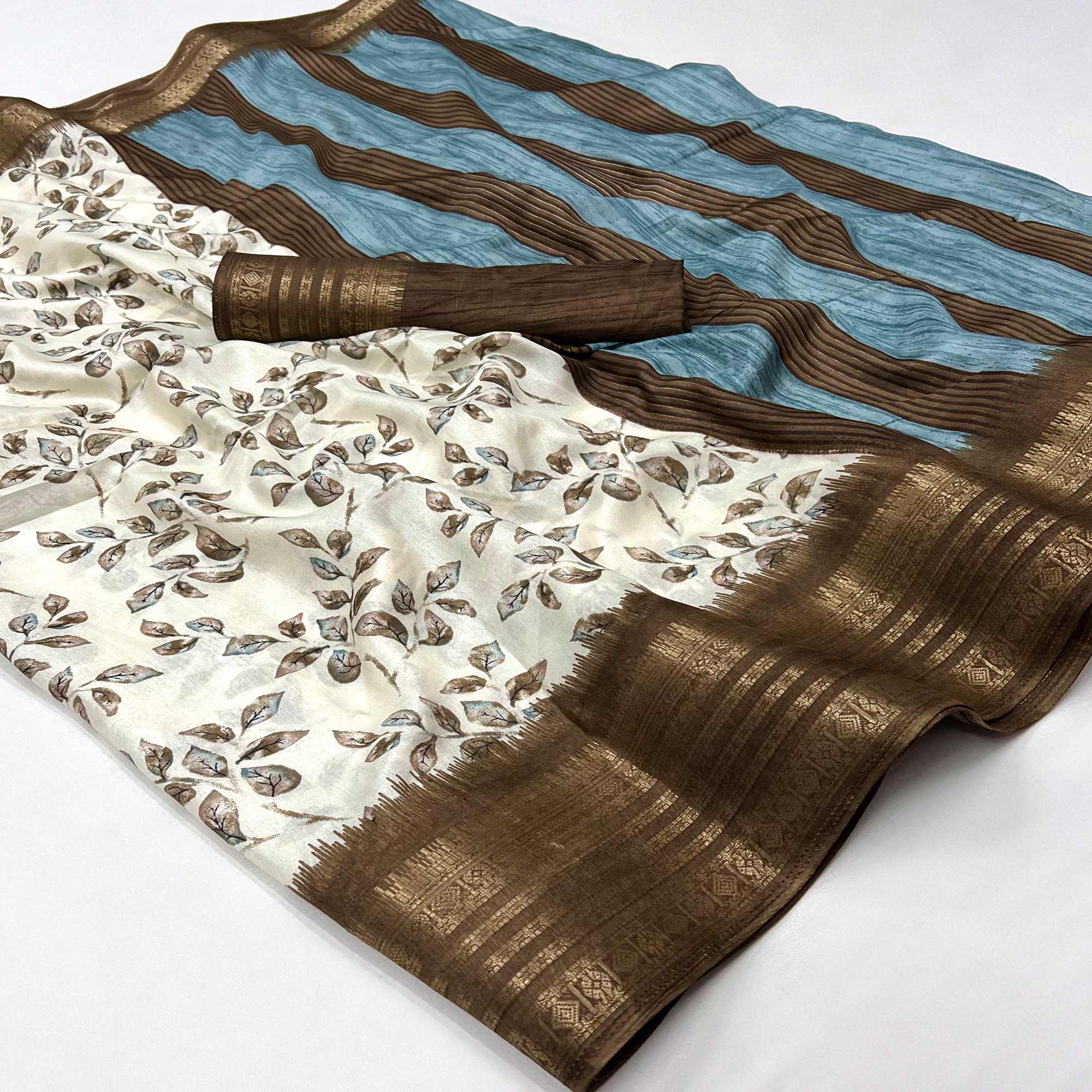 White & Brown Floral Printed Dola Silk Saree With Woven Border