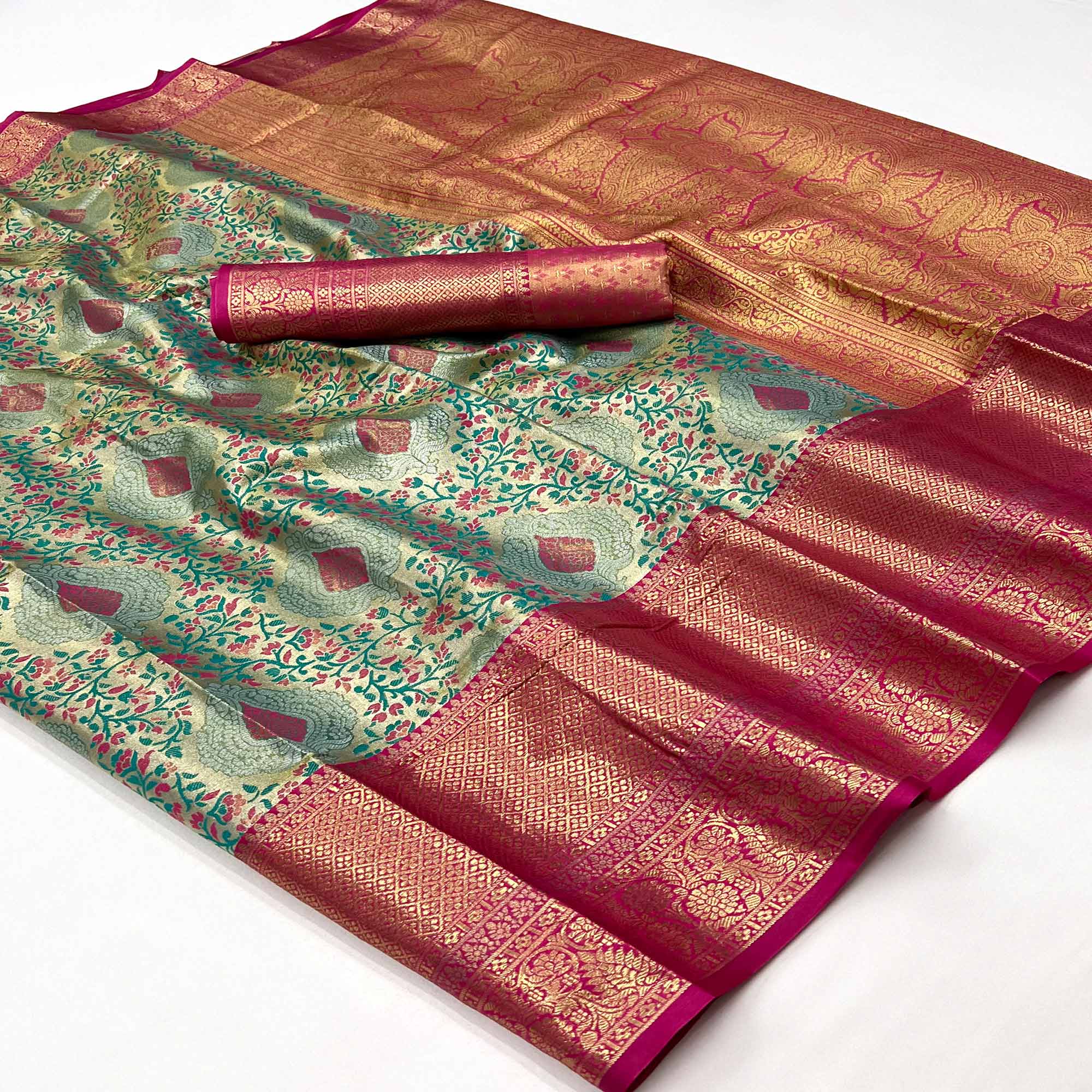 Rama Green & Pink Floral Woven Kanjivaram Silk Saree