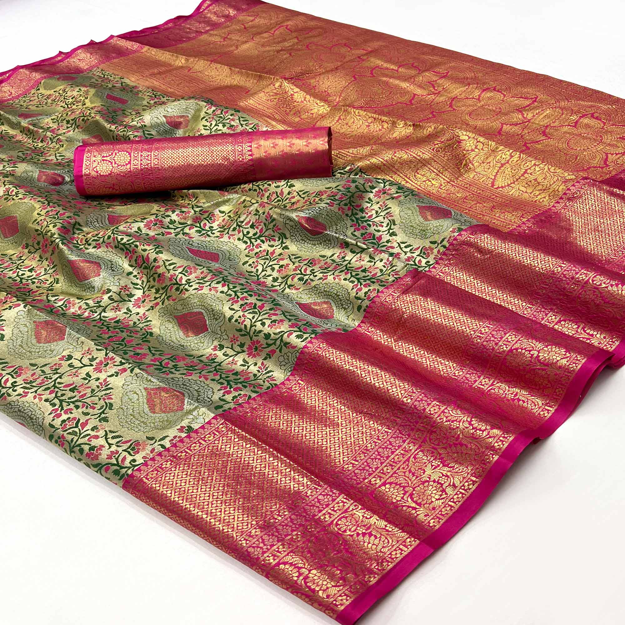 Green & Pink Floral Woven Kanjivaram Silk Saree