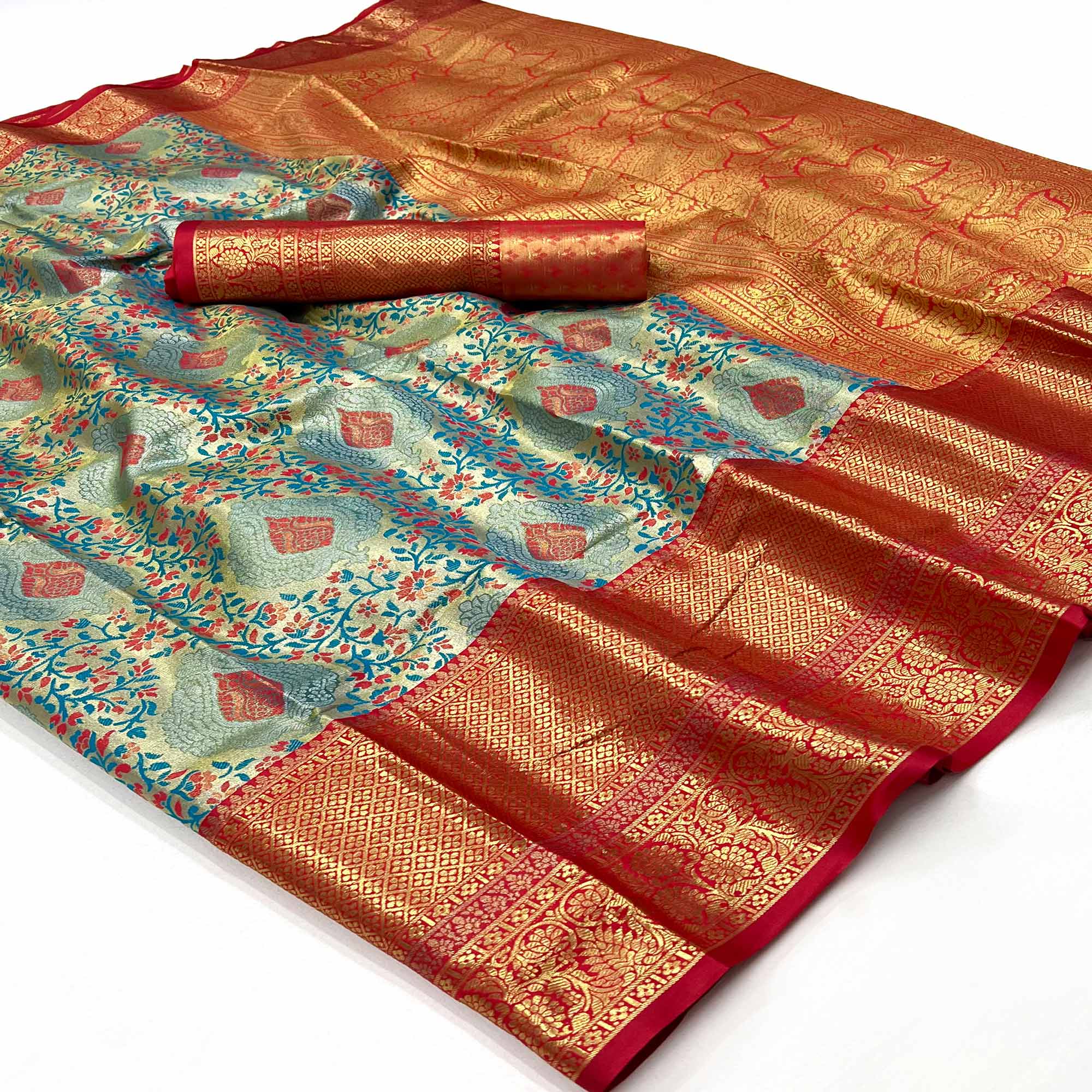 Blue & Red Floral Woven Kanjivaram Silk Saree
