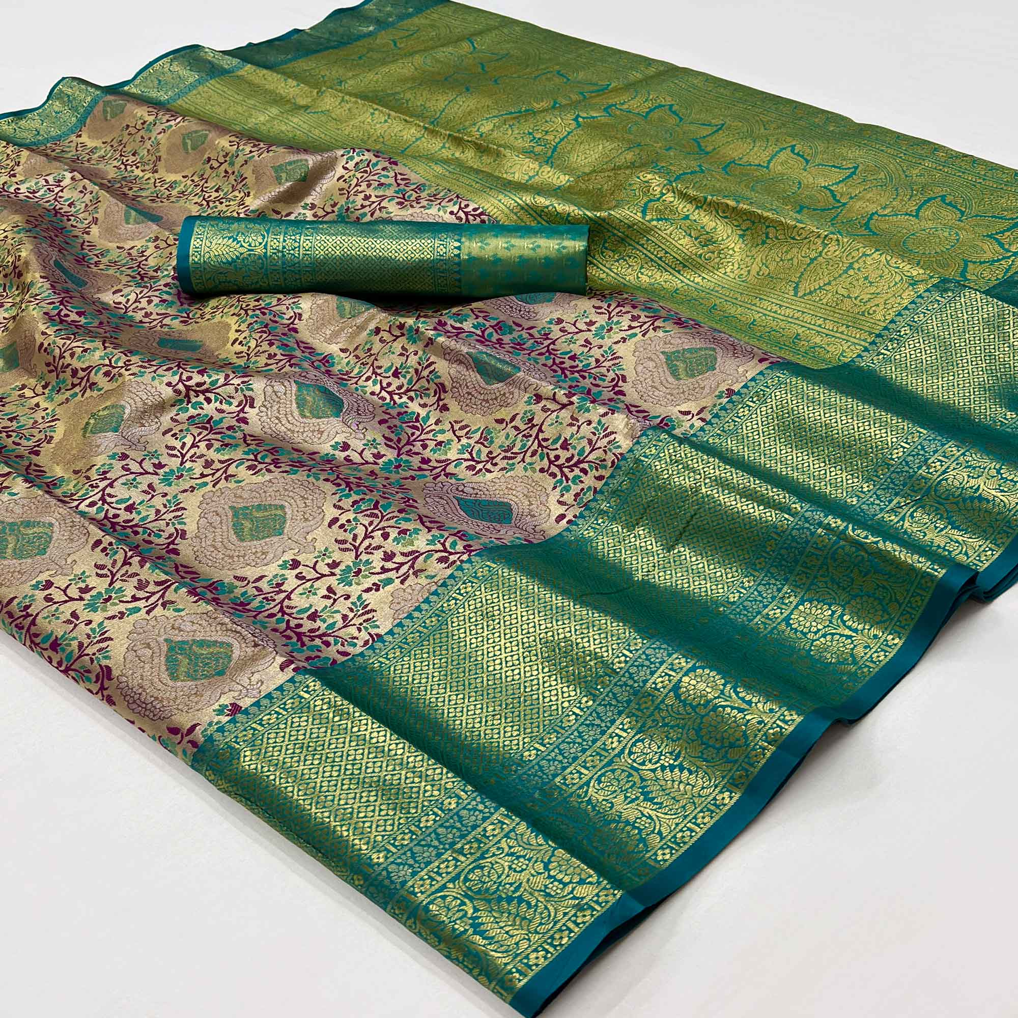 Wine & Green Floral Woven Kanjivaram Silk Saree