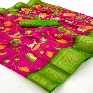 Rani Pink Floral Printed Dola Silk Saree