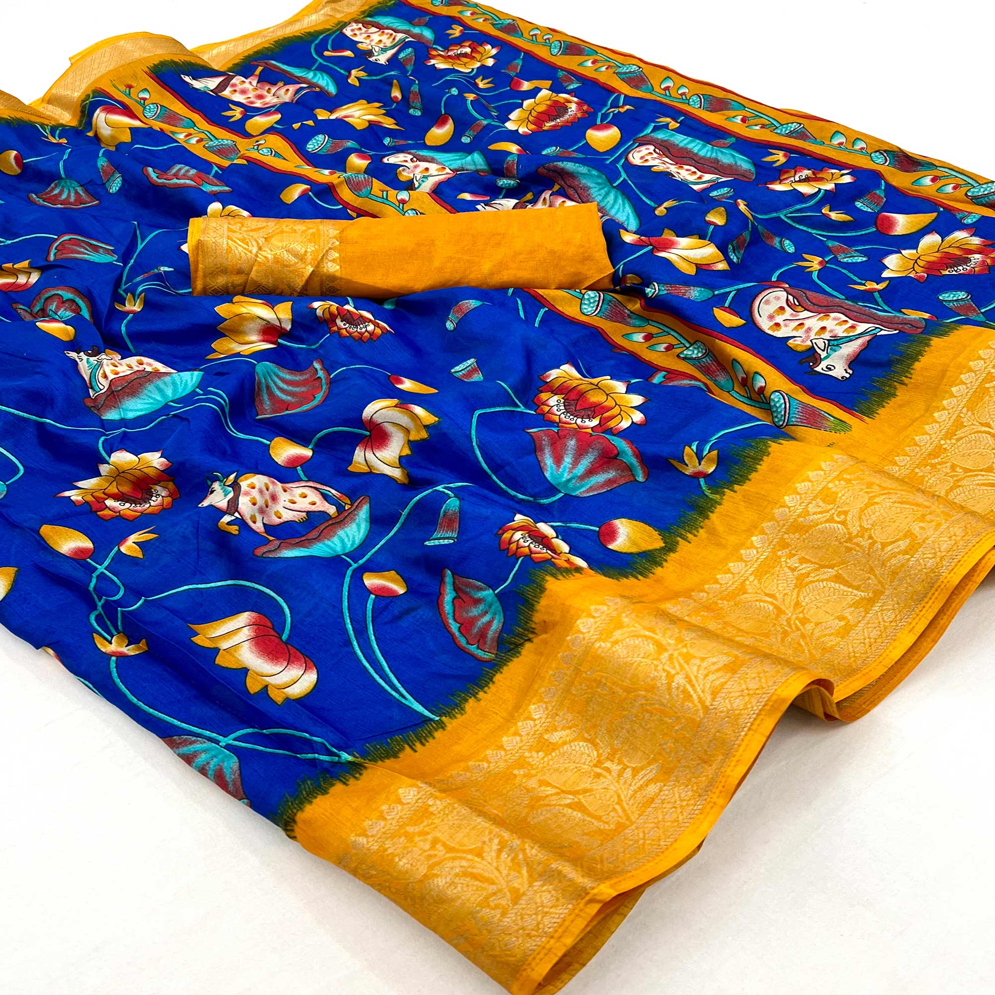 Blue Floral Printed Dola Silk Saree