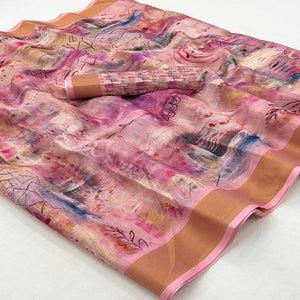 Pink Floral Digital Printed Cotton Blend Saree