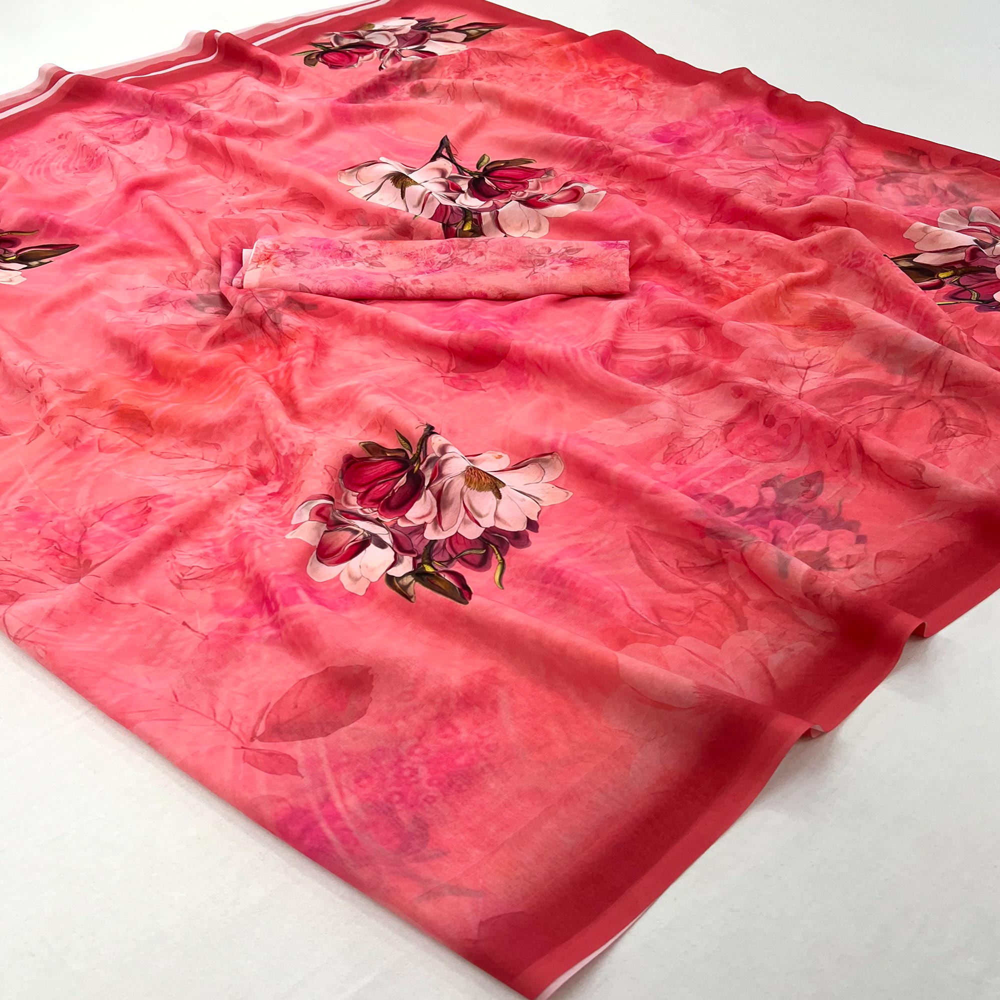 Gajari Pink Floral Digital Printed Georgette Saree