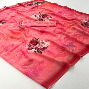Gajari Pink Floral Digital Printed Georgette Saree