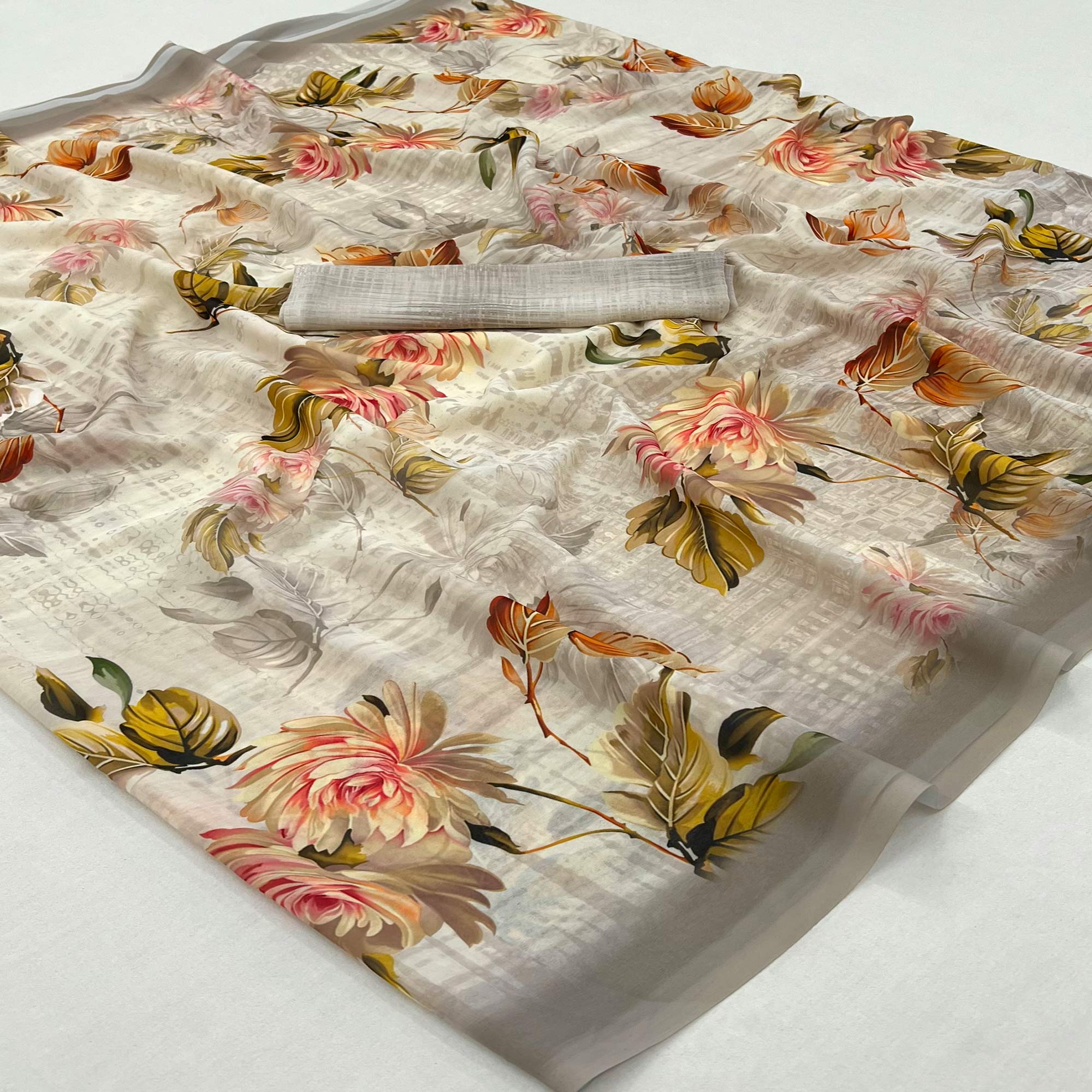 Offwhite & Grey Floral Digital Printed Georgette Saree