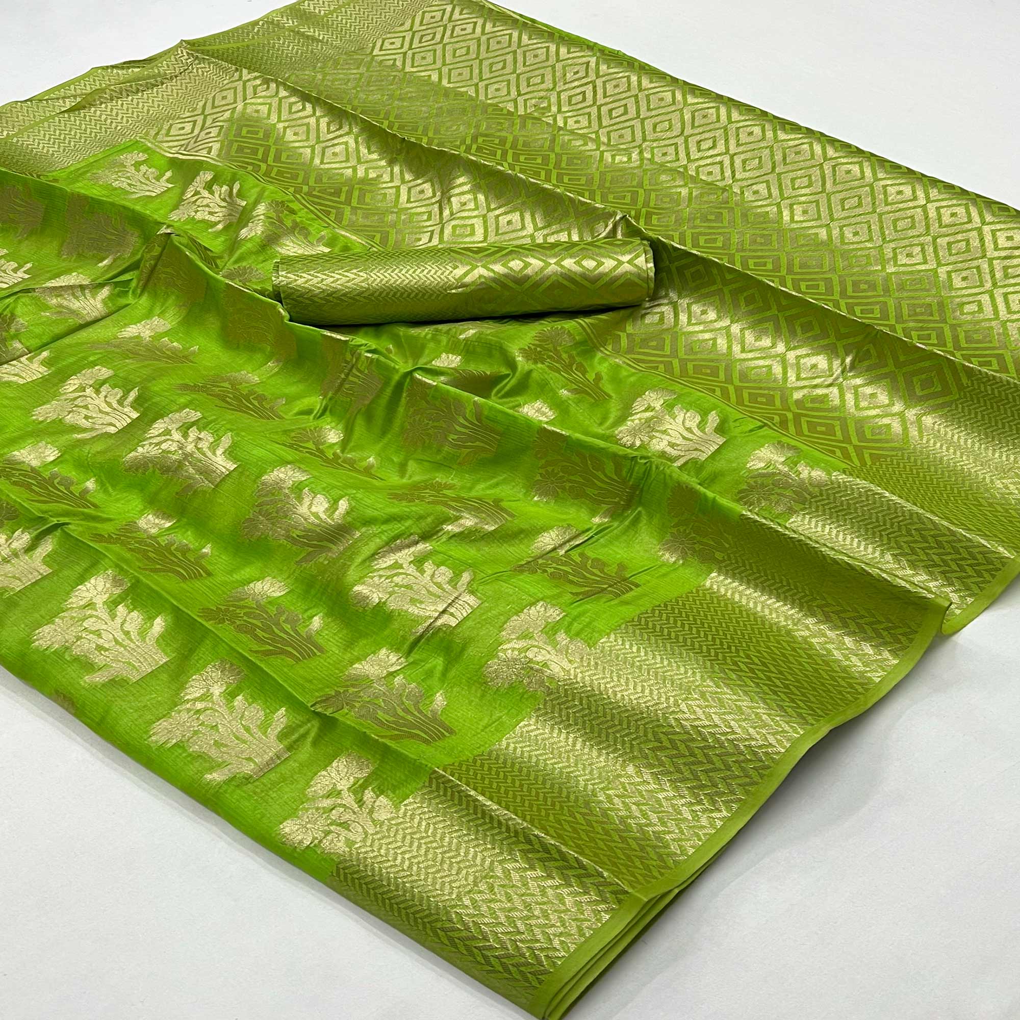 Green Floral Woven Organza Saree