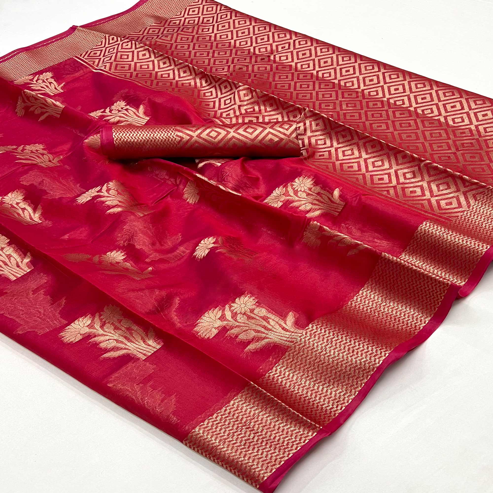 Red Floral Woven Organza Saree