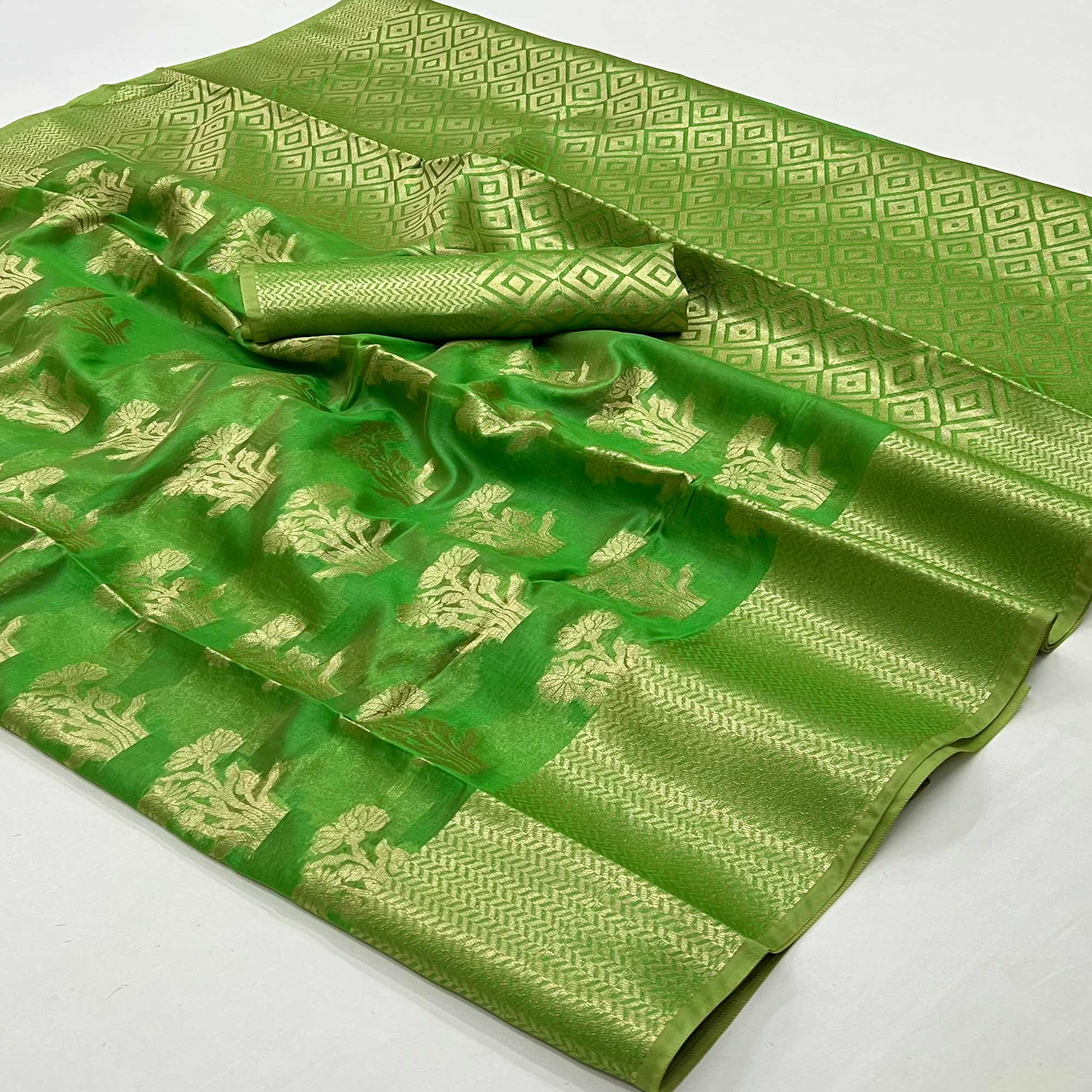 Green Floral Woven Organza Saree