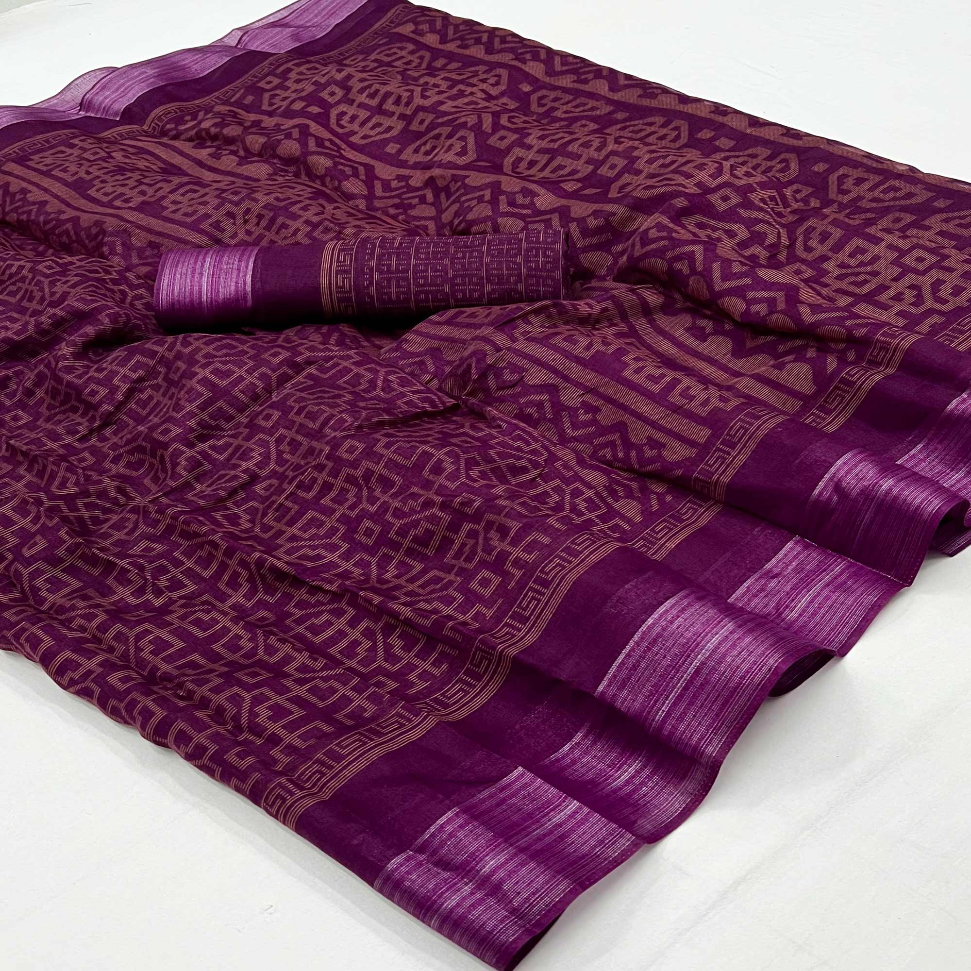 Purple Printed Cotton Blend Saree