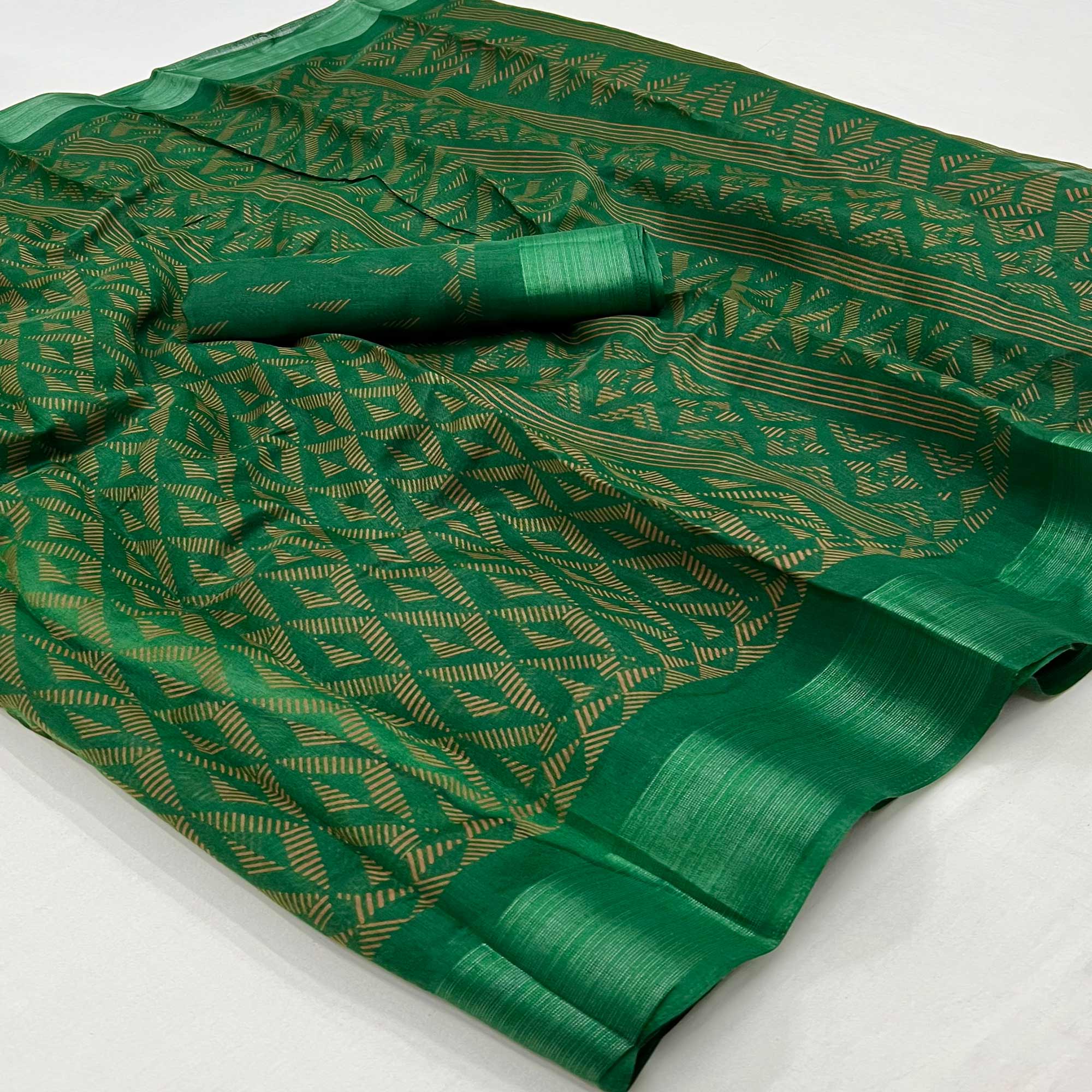 Dark Green Printed Cotton Blend Saree