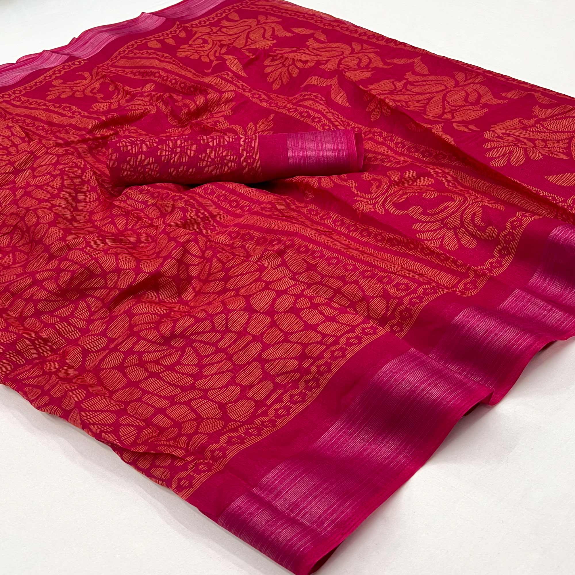 Rani Pink Printed Cotton Blend Saree
